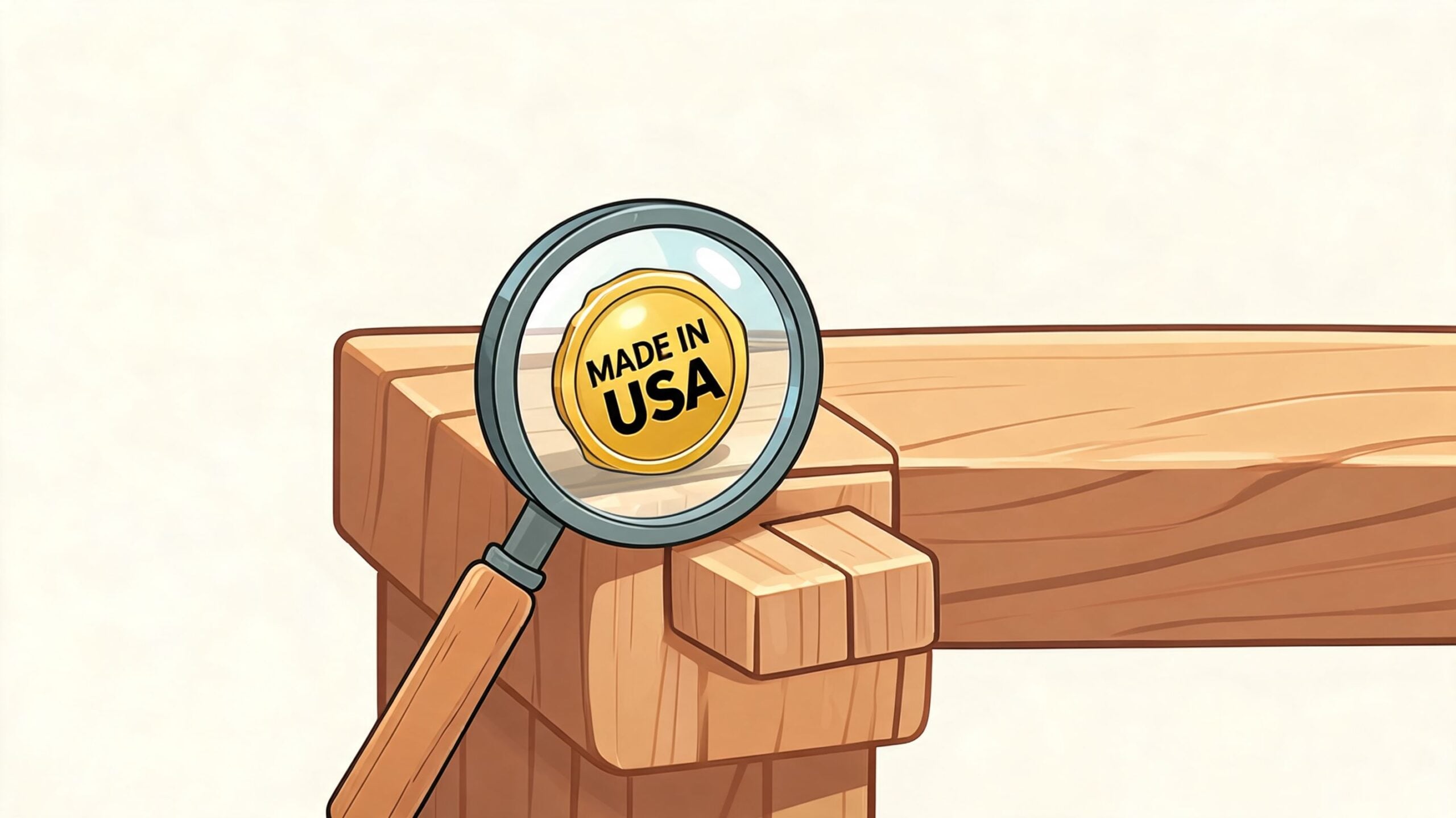 A magnifying glass inspecting a gold coin that says Made in USA placed on wooden furniture.
