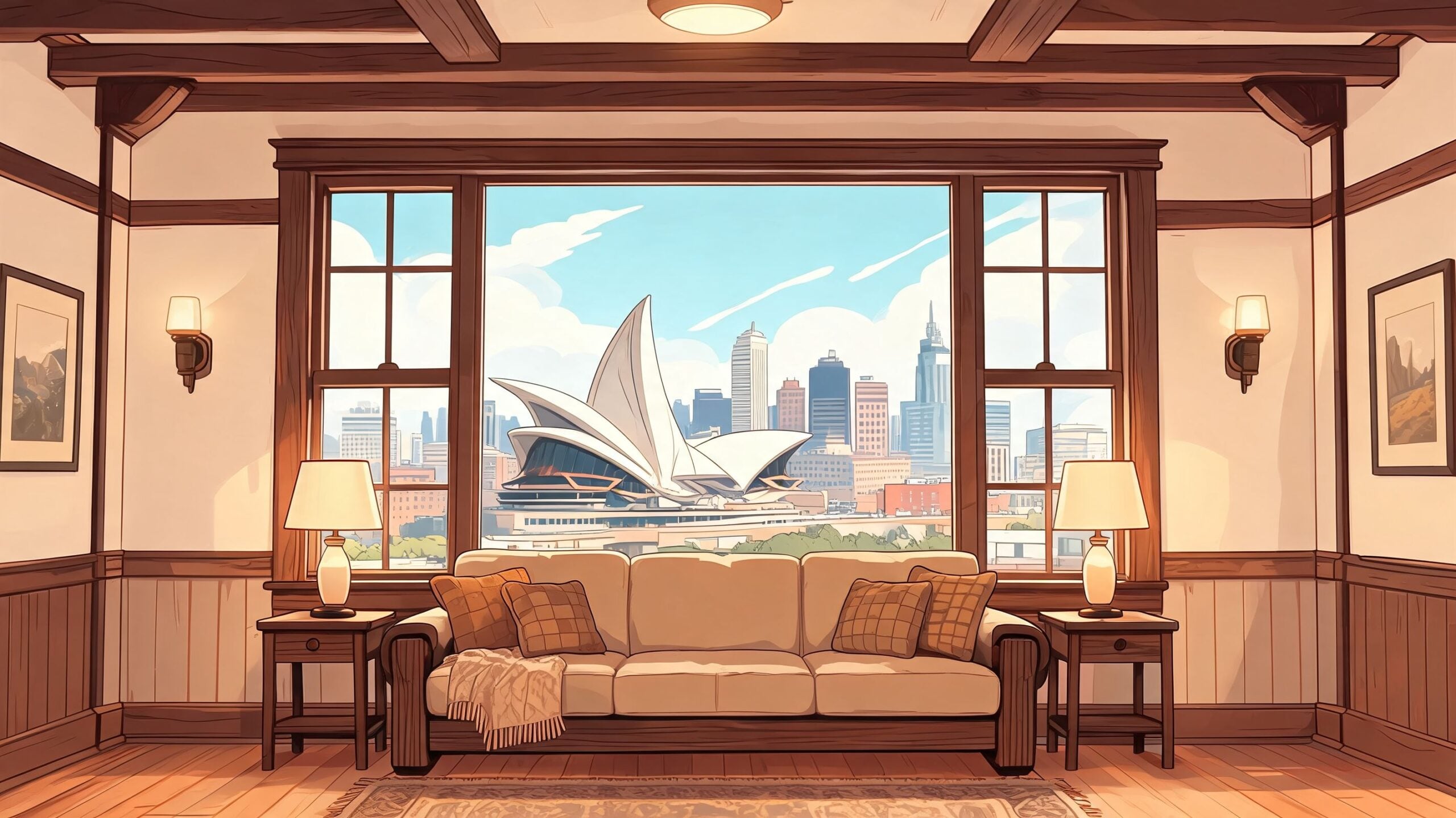 A cozy, well-lit living room featuring made in USA furniture and a stunning view of a city skyline.