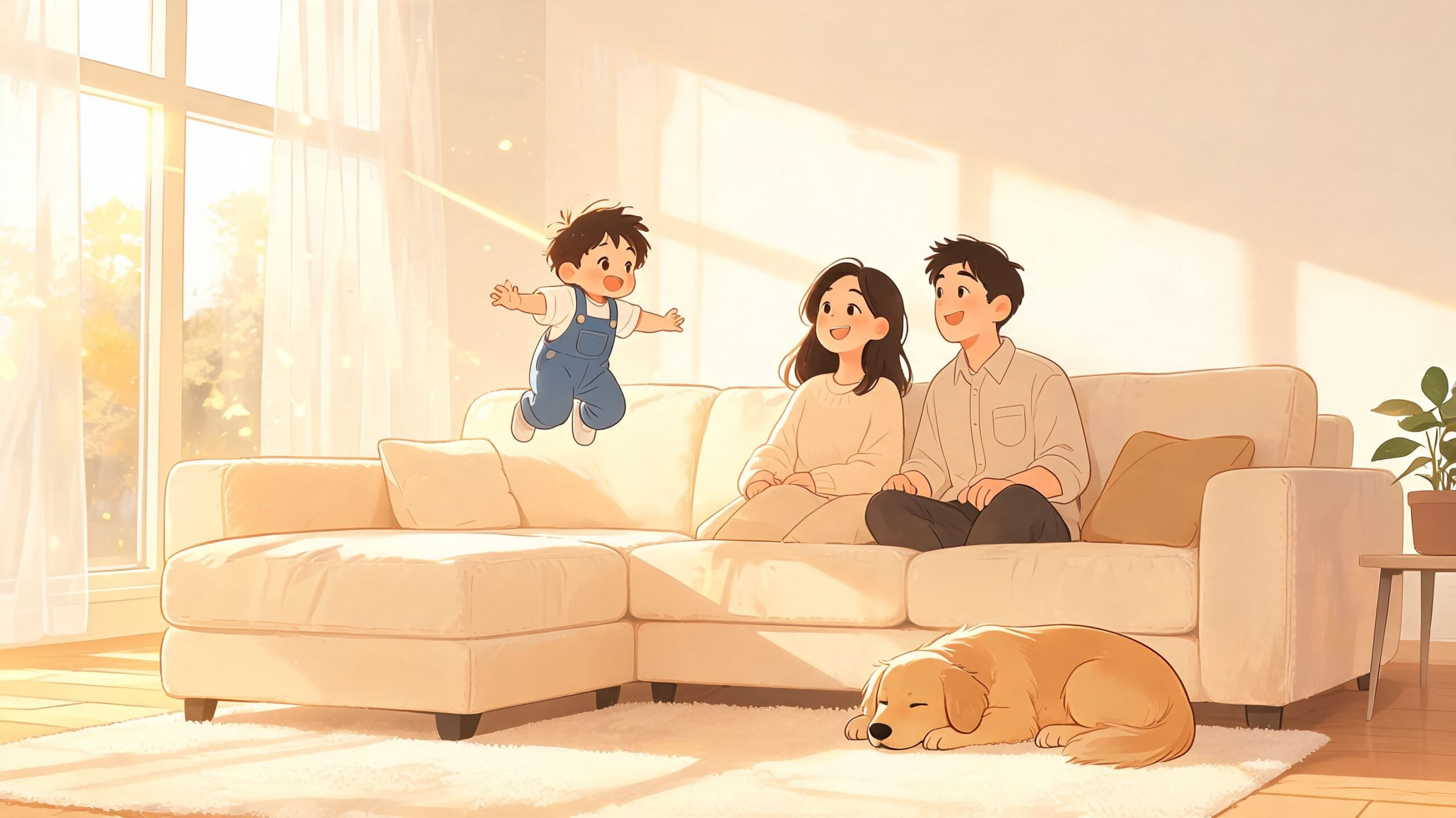A happy family with a small child and a dog sitting on comfortable made in USA living room furniture.