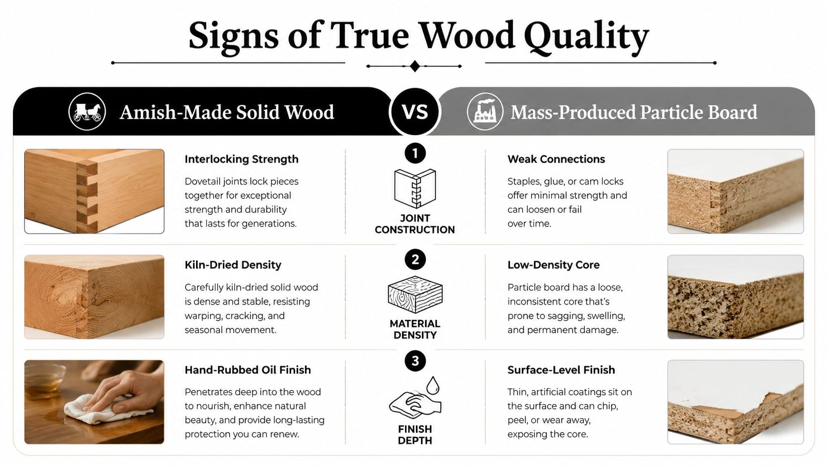 A comparison chart showing the quality differences between Amish-made solid wood and mass-produced particle board furniture construction.