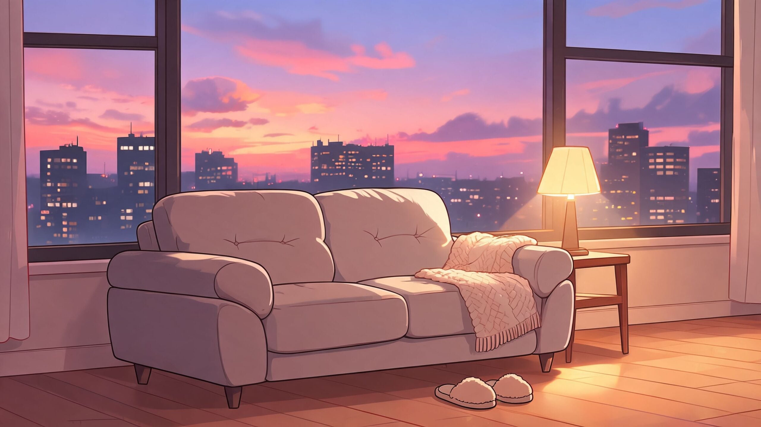 A cozy beige sofa in a modern apartment overlooking a vibrant sunset cityscape with warm lighting