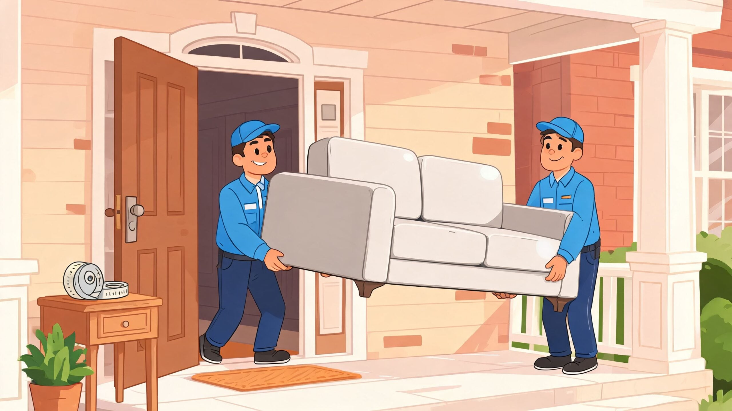 Two professional movers in blue uniforms carrying a light-colored sofa into a residential house front door.