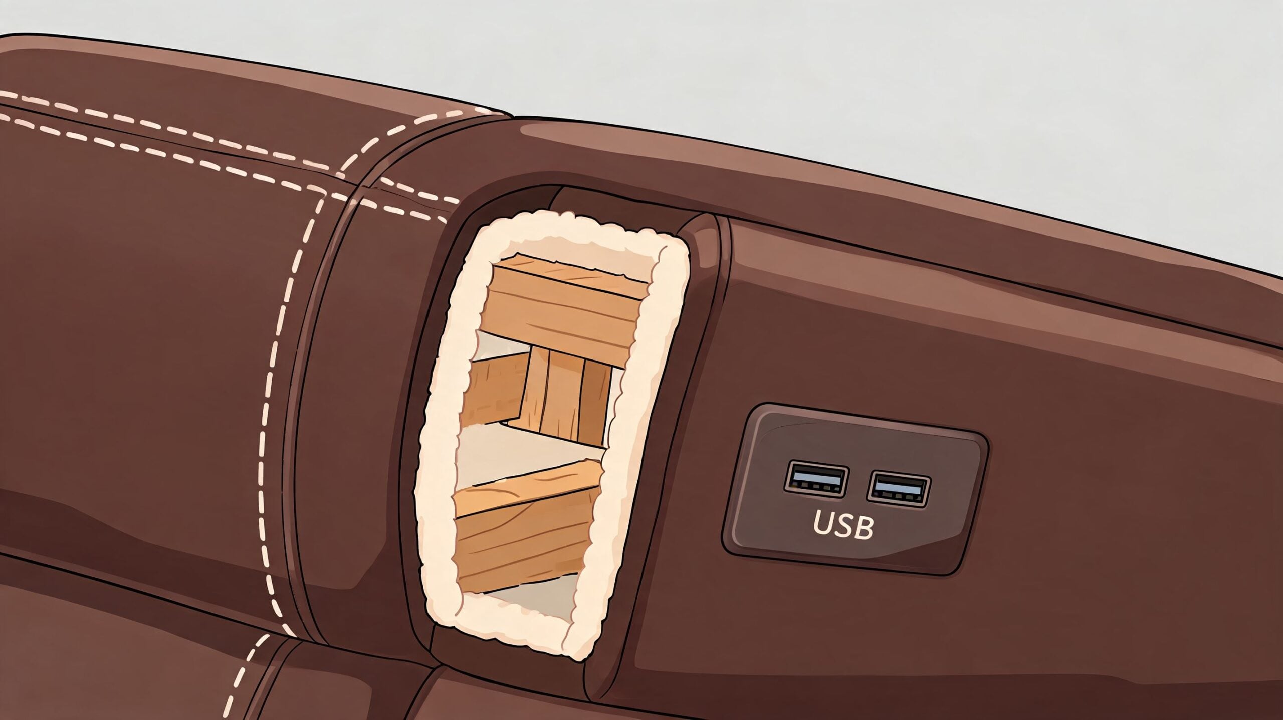 A close-up view of a brown leather massage sofa showing internal wooden support beams and built-in USB ports.