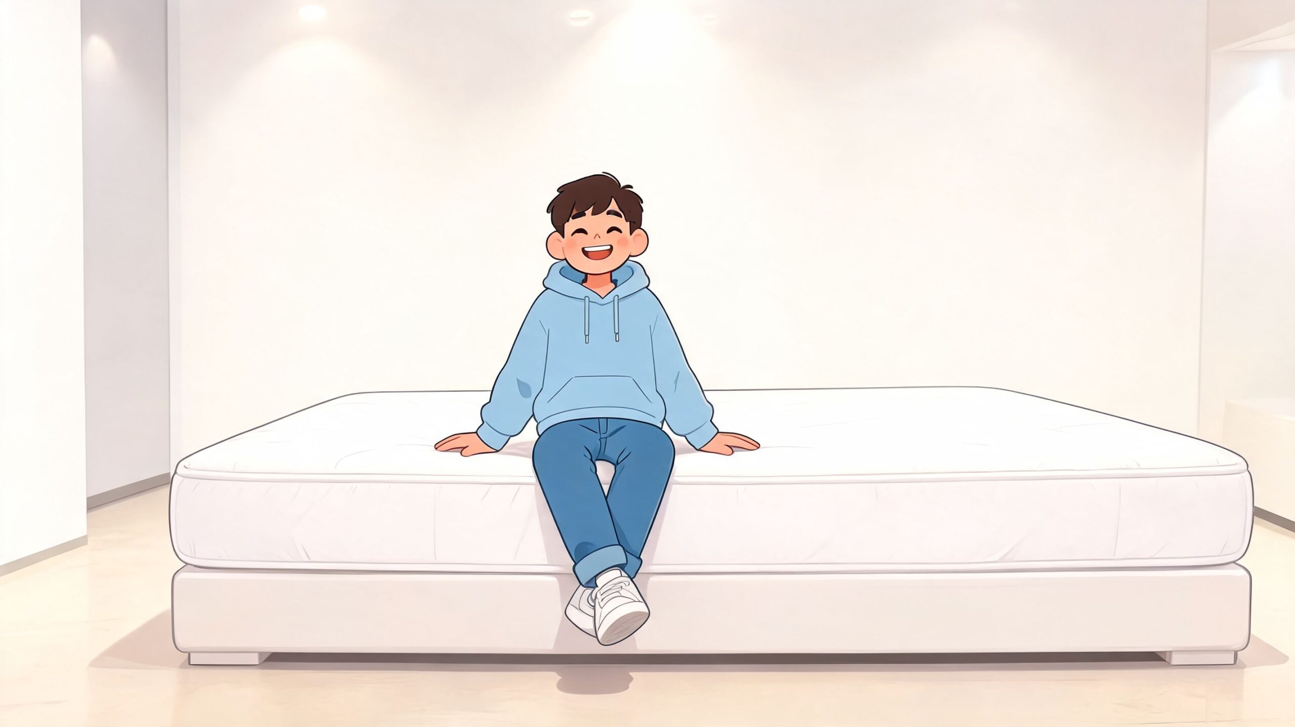 A happy young boy sitting comfortably on the edge of a clean white mattress in a room.