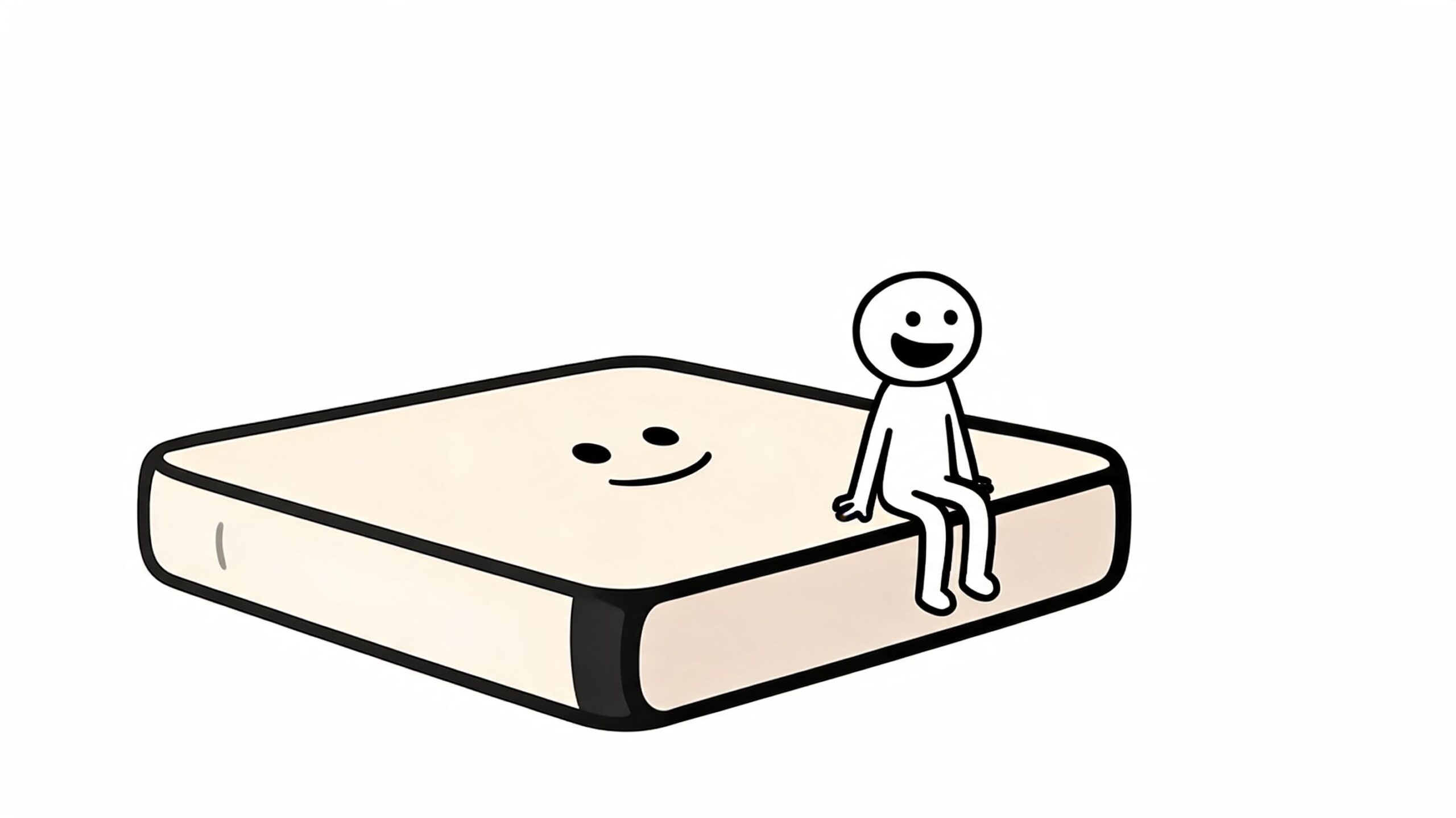 A simple cartoon character sitting cheerfully on the edge of a clean, smiling mattress cushion.