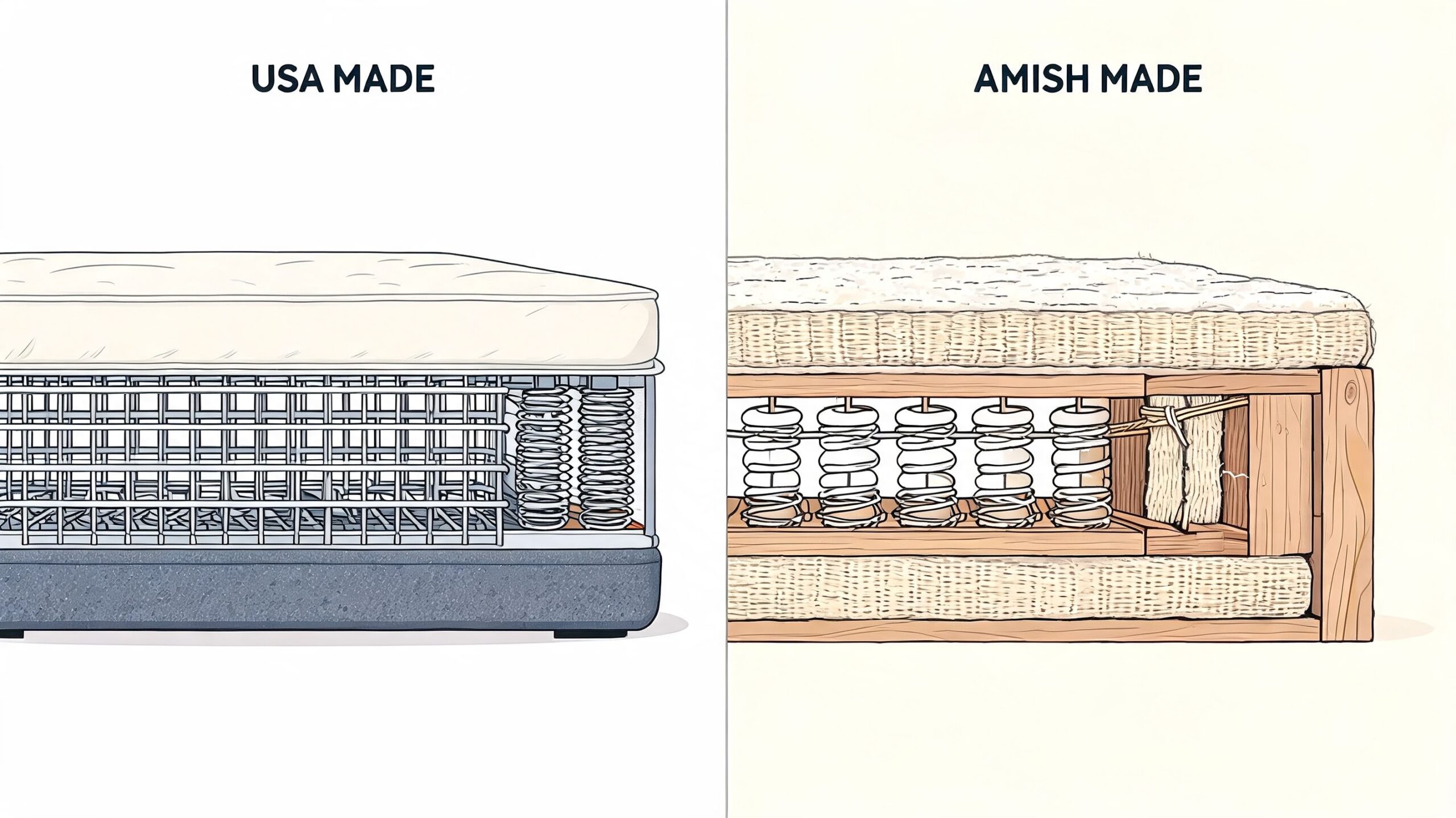 A split illustration comparing industrial USA-made metal mattress edge support with handcrafted Amish-made wood frame construction.
