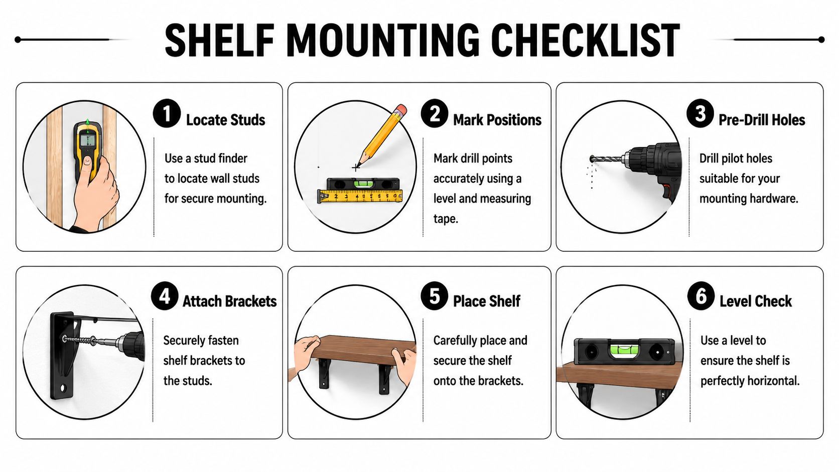A six-step illustrated guide showing how to mount a shelf on a wall using basic tools.