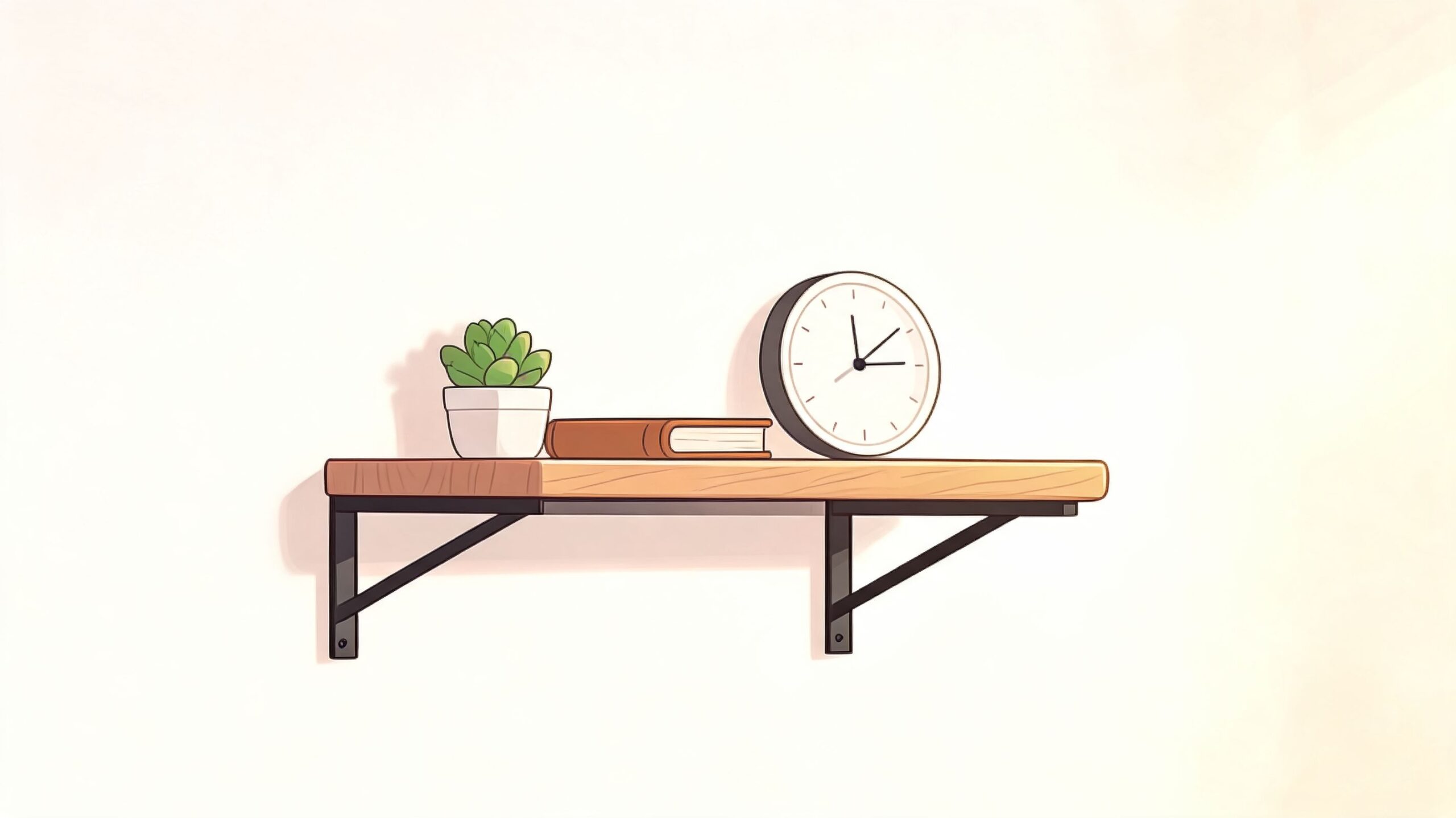A simple wooden wall shelf with metal brackets holding a small succulent, a book, and a clock.