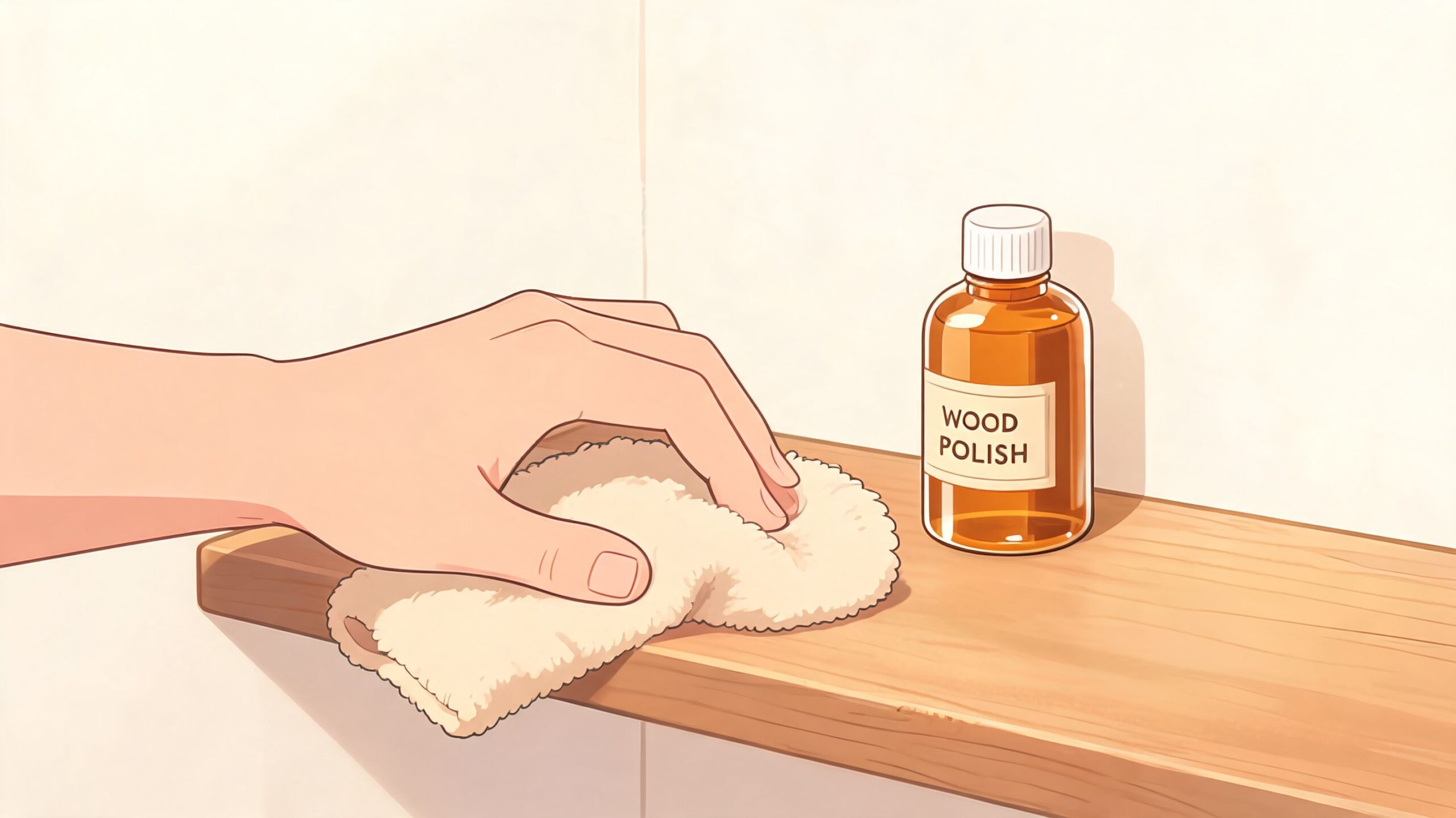 A hand wiping a wooden shelf with a soft cloth next to a bottle of wood polish.
