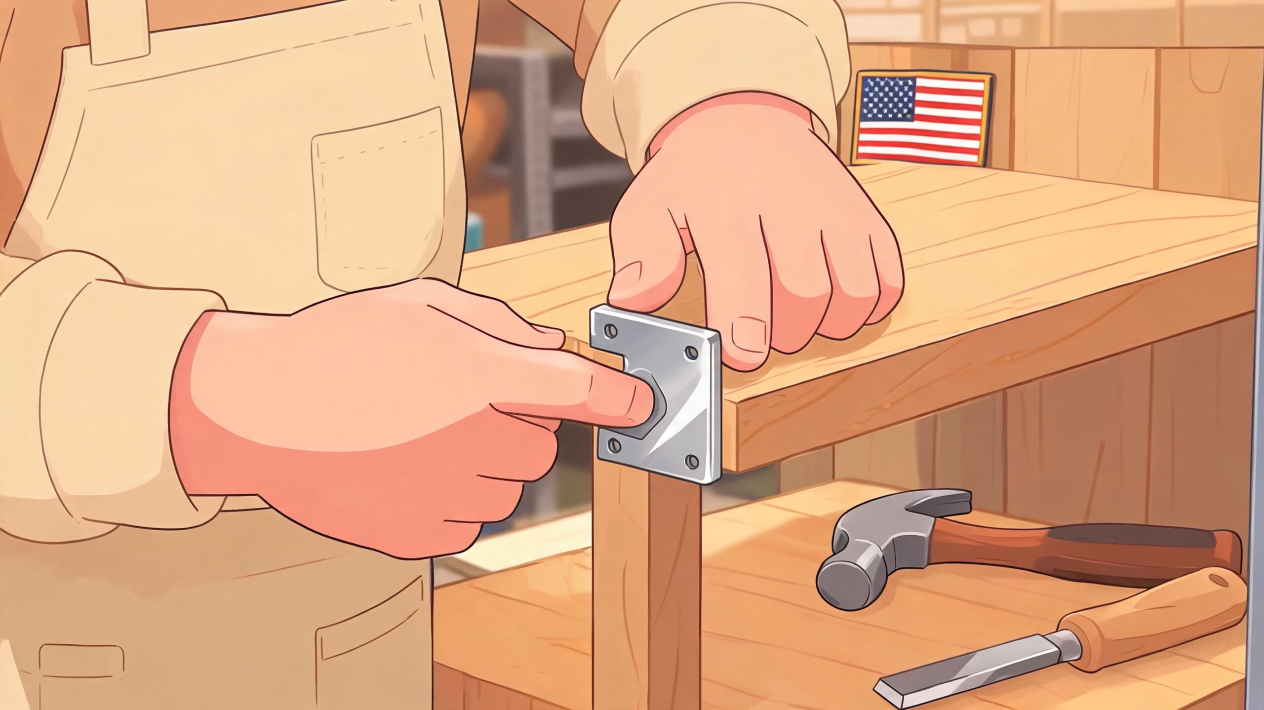 A craftsman in an apron carefully attaches a metal bracket to a wooden shelf in his workshop.