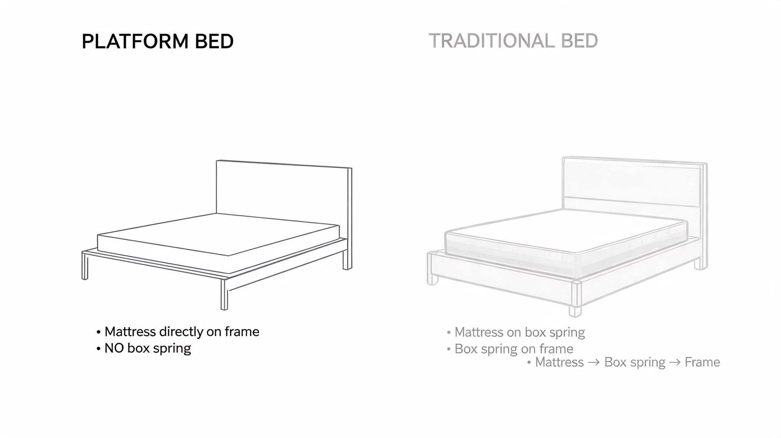 A diagram comparing a platform bed with a mattress on a frame to a traditional bed with a box spring.