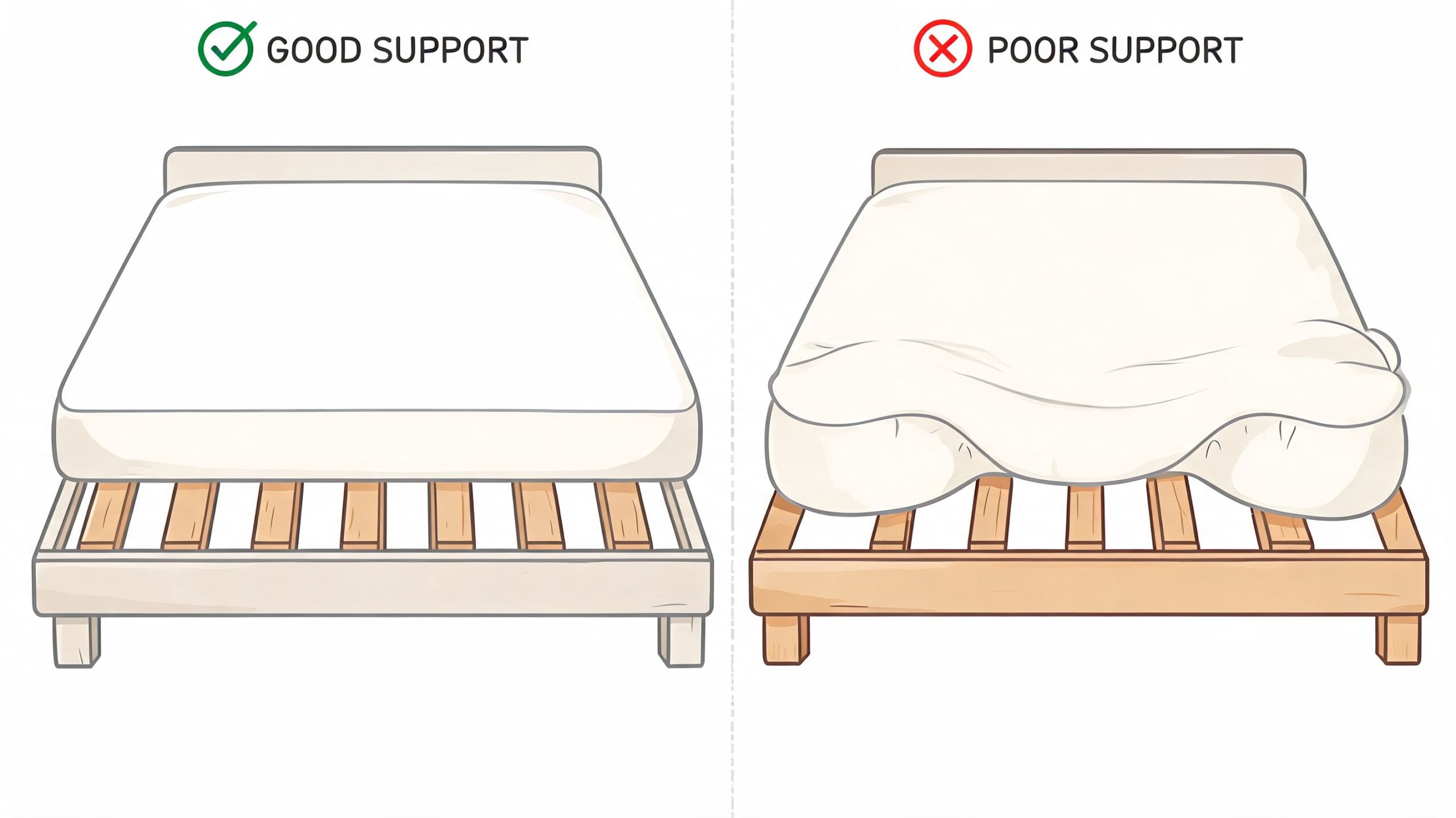 A comparison illustration showing a bed with proper supportive slats versus a bed with sagging mattress support.