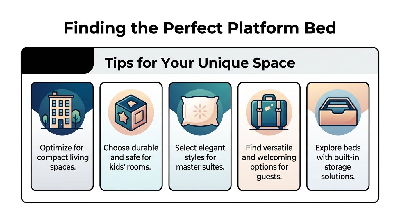 An infographic titled Finding the Perfect Platform Bed showing five tips for selecting beds for various living spaces.