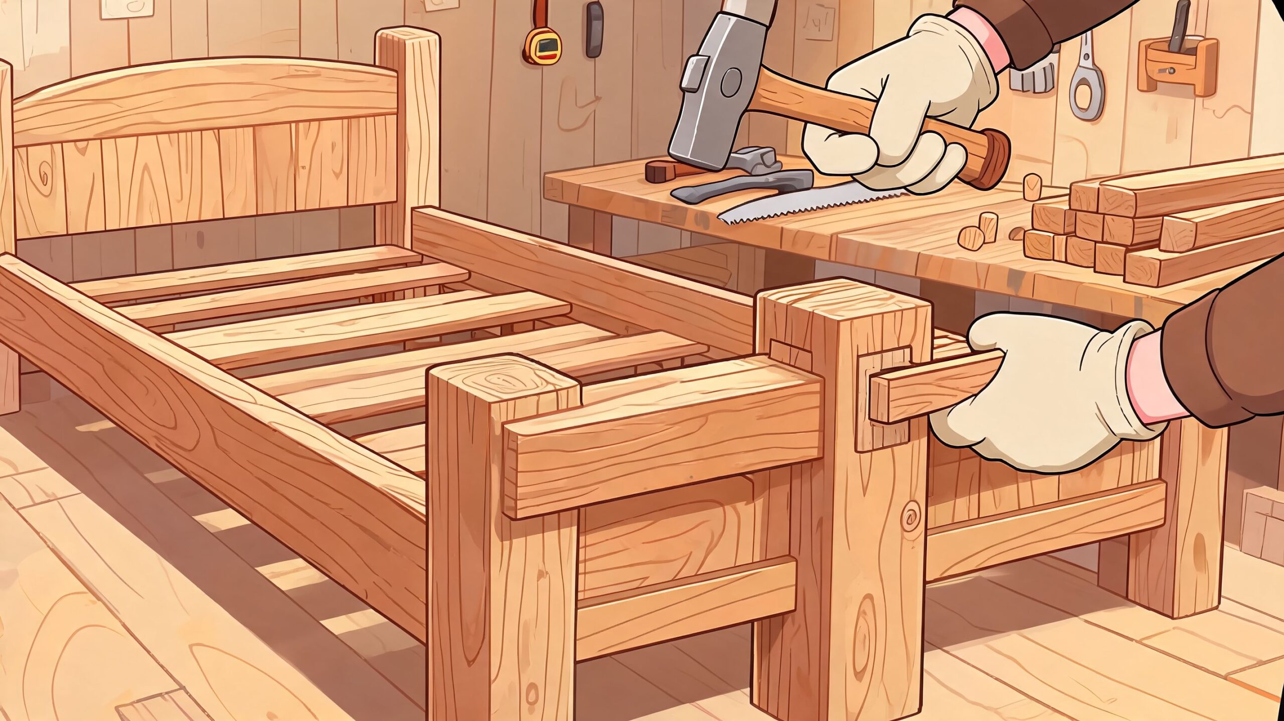 A woodworker constructing a wooden bed frame inside a workshop using hand tools and wooden slats.