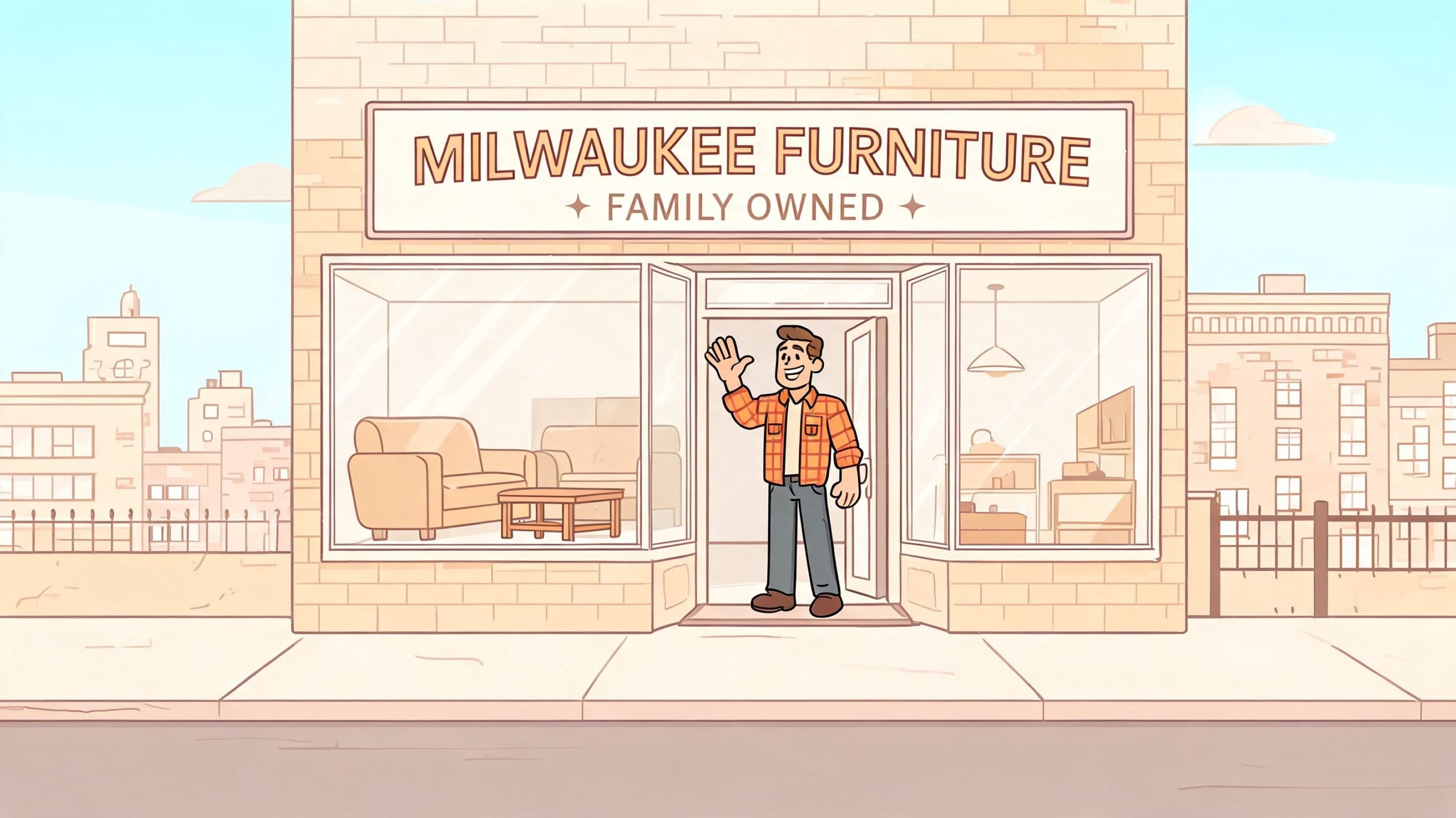 A friendly man waving from the doorway of a family-owned furniture store called Milwaukee Furniture.