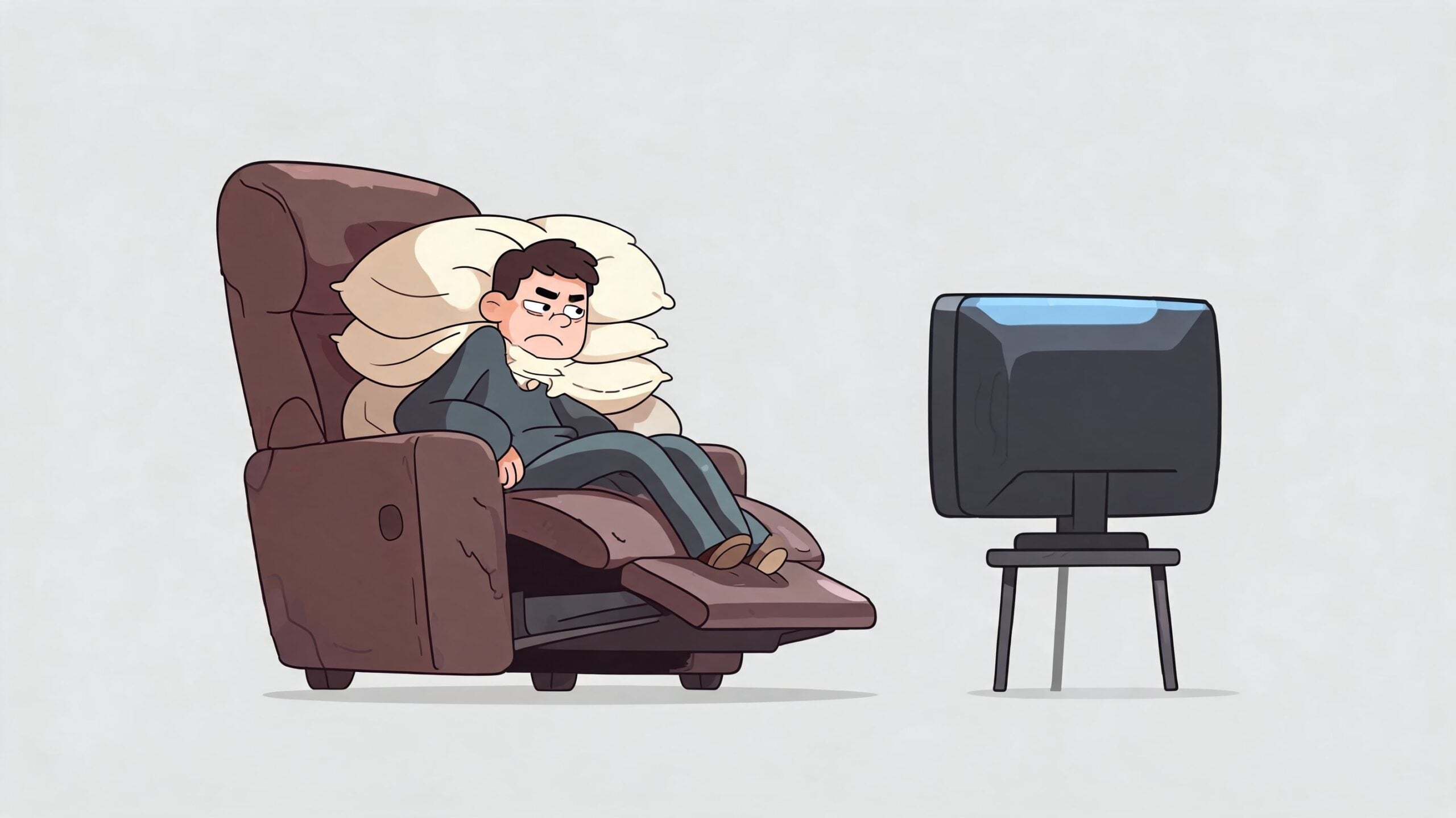 A grumpy man in pajamas sits in a brown power recliner with a headrest while watching television.