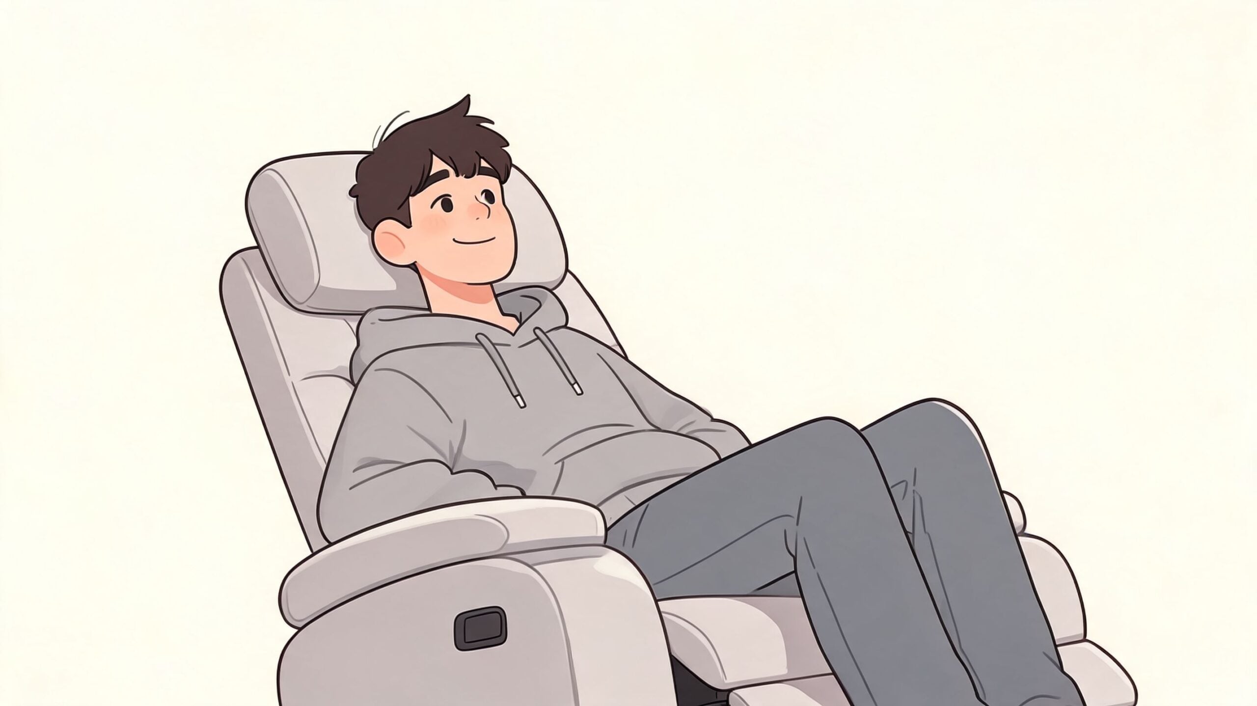 A relaxed young man sitting comfortably in a modern, light-colored power recliner chair with a headrest.