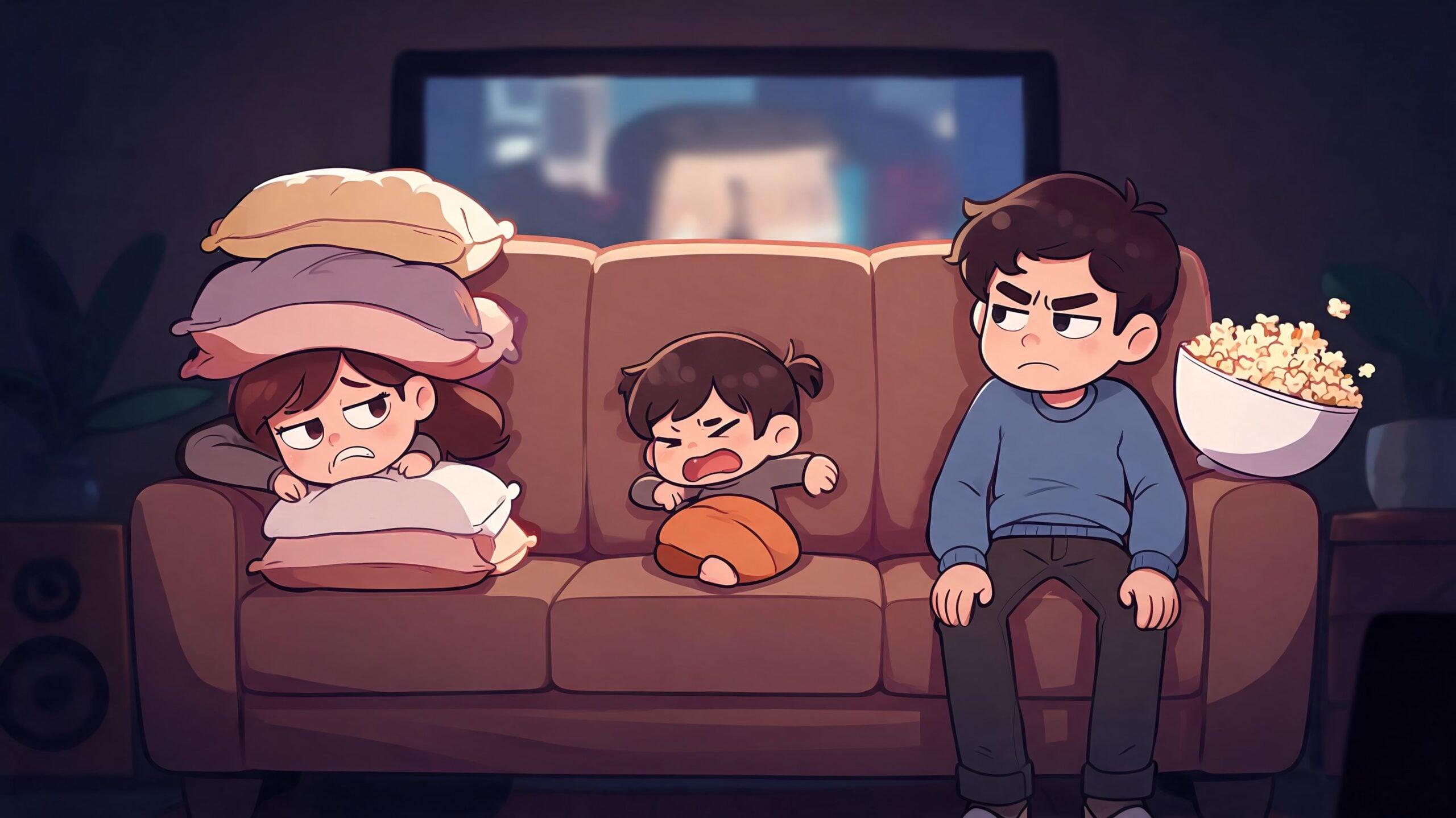 A family sitting on a brown sofa, with a girl under pillows and a boy eating popcorn.