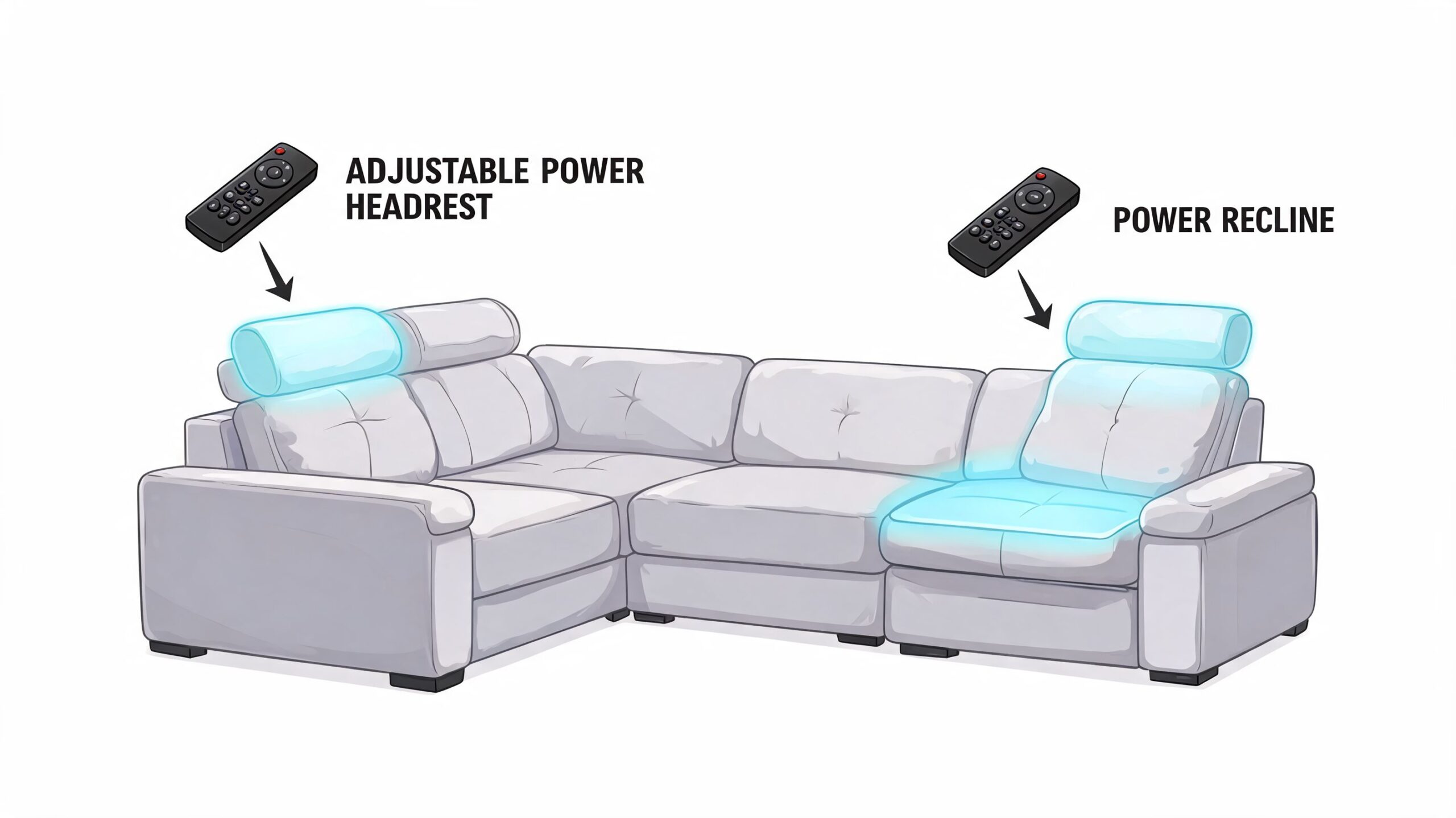 A modern grey sectional sofa featuring adjustable power headrests and power reclining seats with remote control.