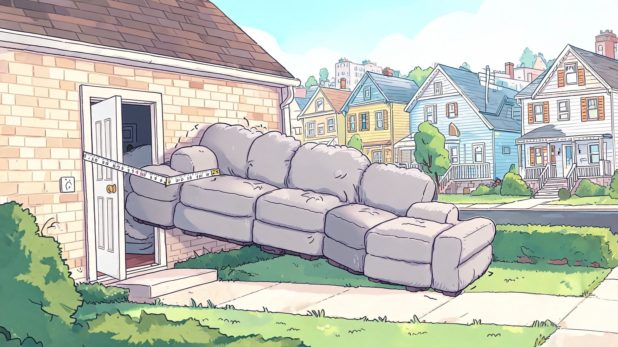 An illustration of a large gray sectional sofa being unsuccessfully measured for a residential doorway.