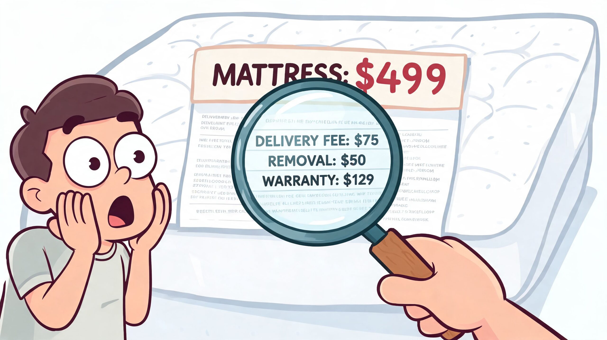 A shocked person looking at the hidden extra fees on a mattress price tag through a magnifying glass.