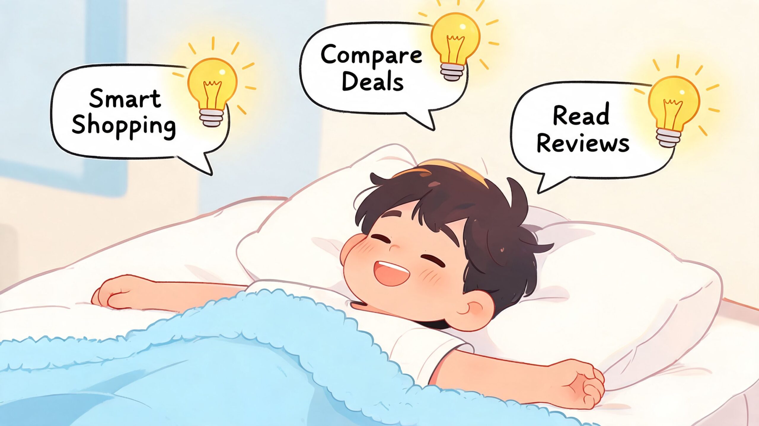 A happy child dreaming about smart shopping, comparing deals, and reading product reviews while sleeping soundly.