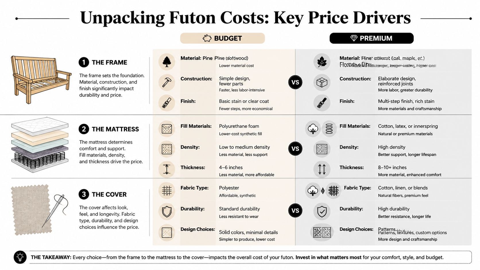 An infographic comparing budget versus premium options for futon components including frames, mattresses, and fabric covers.