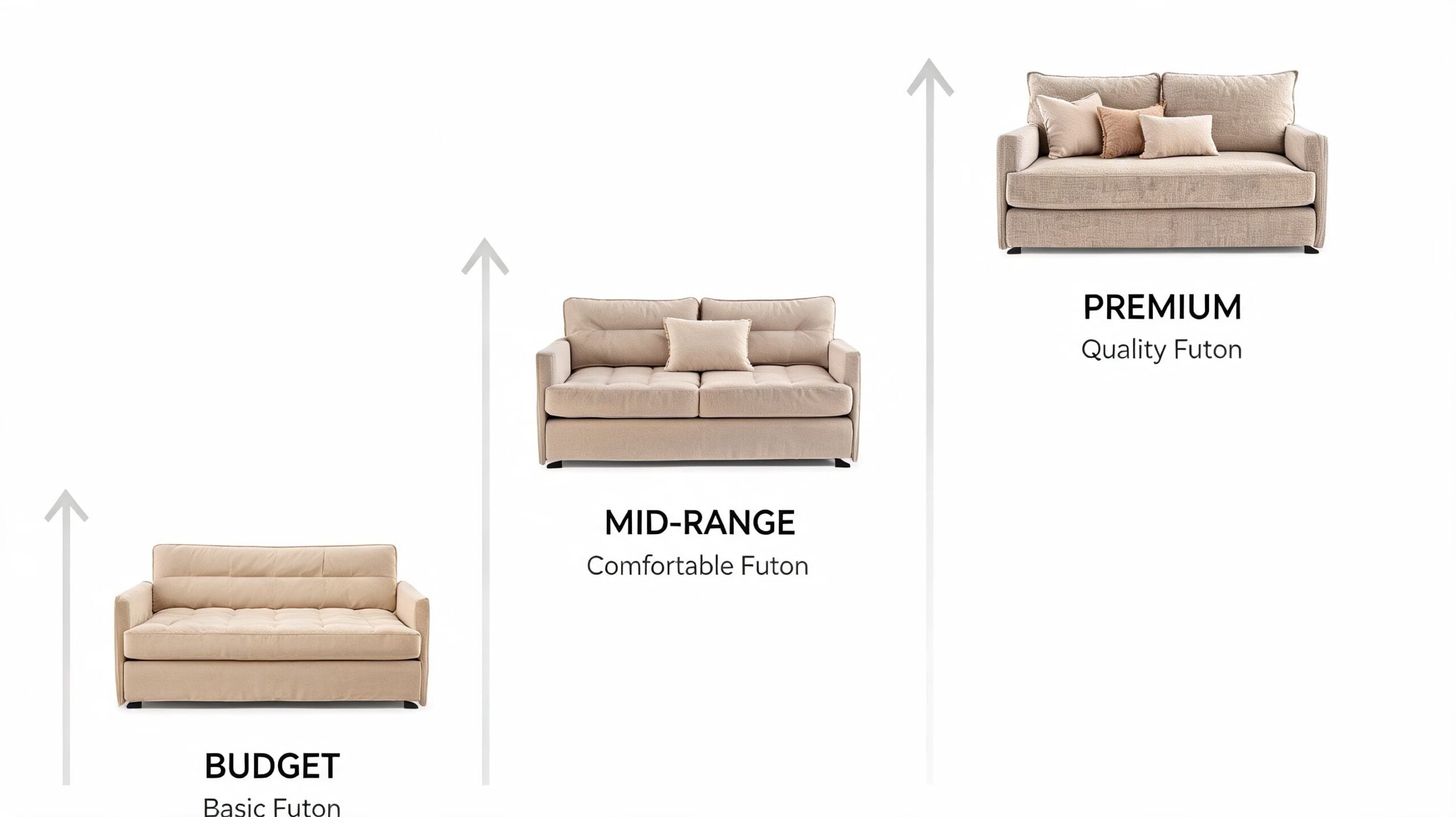 Three beige futons displayed in a progression from budget to mid-range to premium quality options.