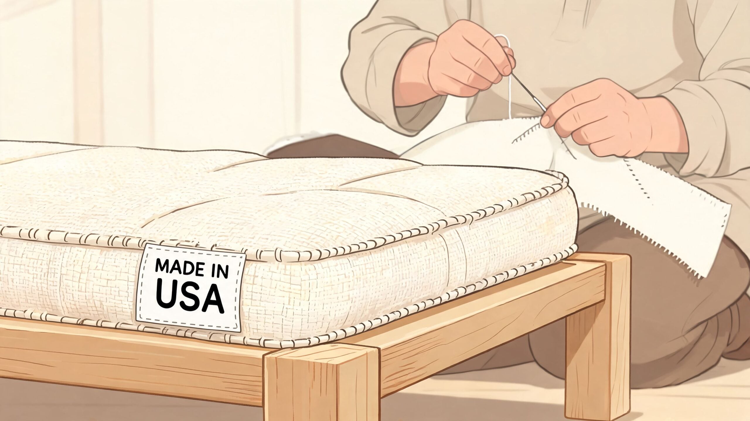 A close-up view of an artisan carefully sewing a handcrafted futon mattress made in the USA.