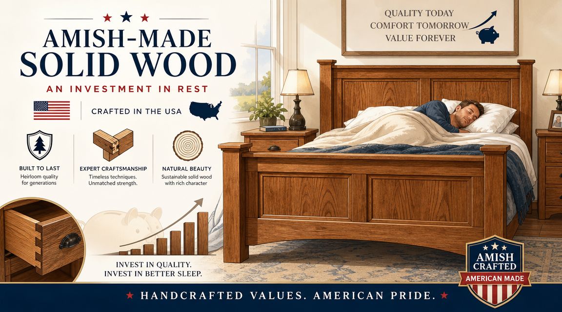 A man sleeping in a sturdy Amish-made solid wood queen sized bed with drawers in a bedroom.
