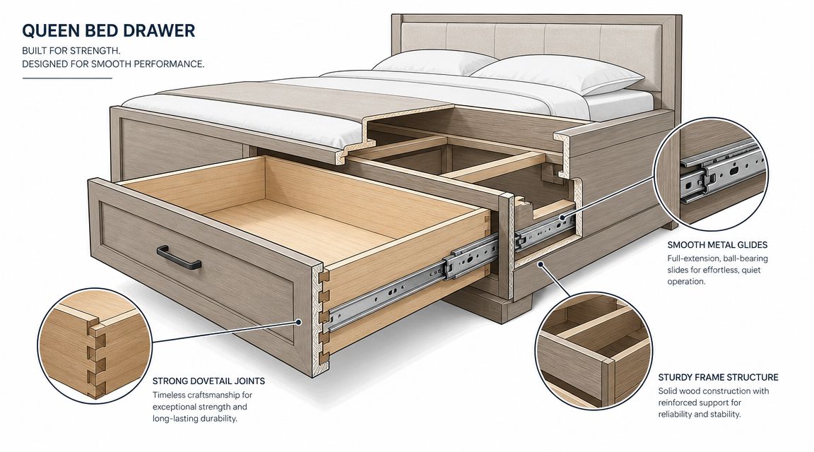 A cutaway illustration of a queen sized bed with drawers highlighting construction details like dovetail joints and metal glides.