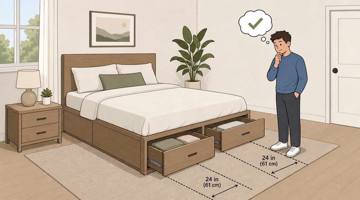 A person standing in a bedroom next to a queen sized bed with storage drawers underneath.