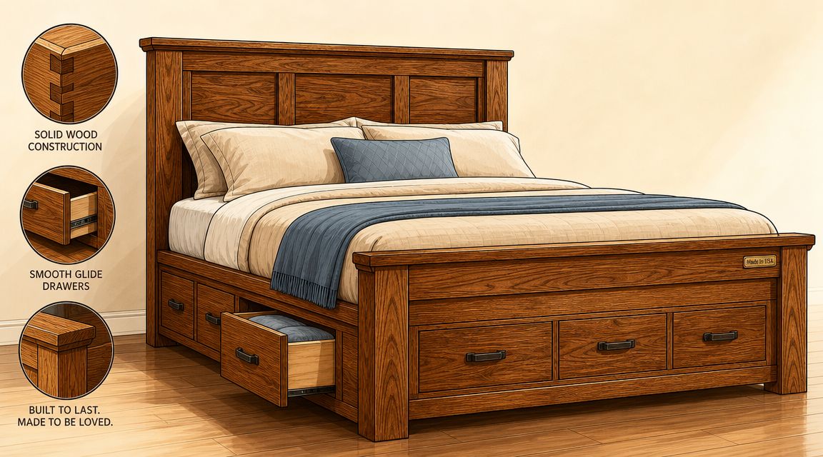 A rustic wooden queen sized bed with storage drawers underneath, featuring durable solid wood construction.