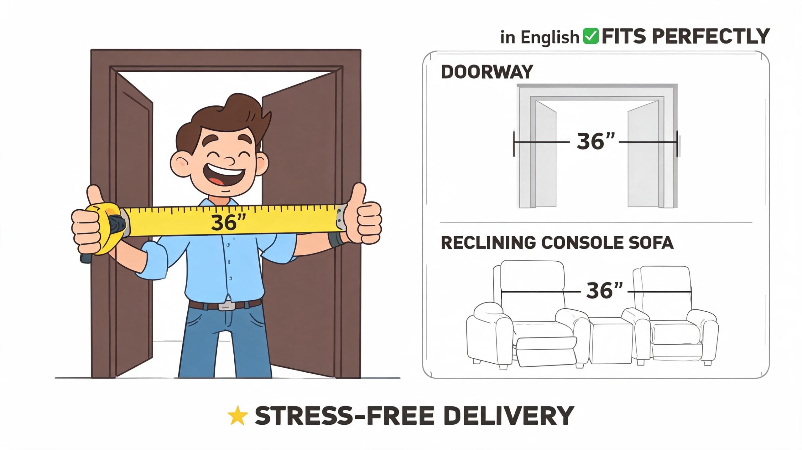 A happy man measuring a doorway, showing that a 36-inch reclining console sofa fits through it easily.