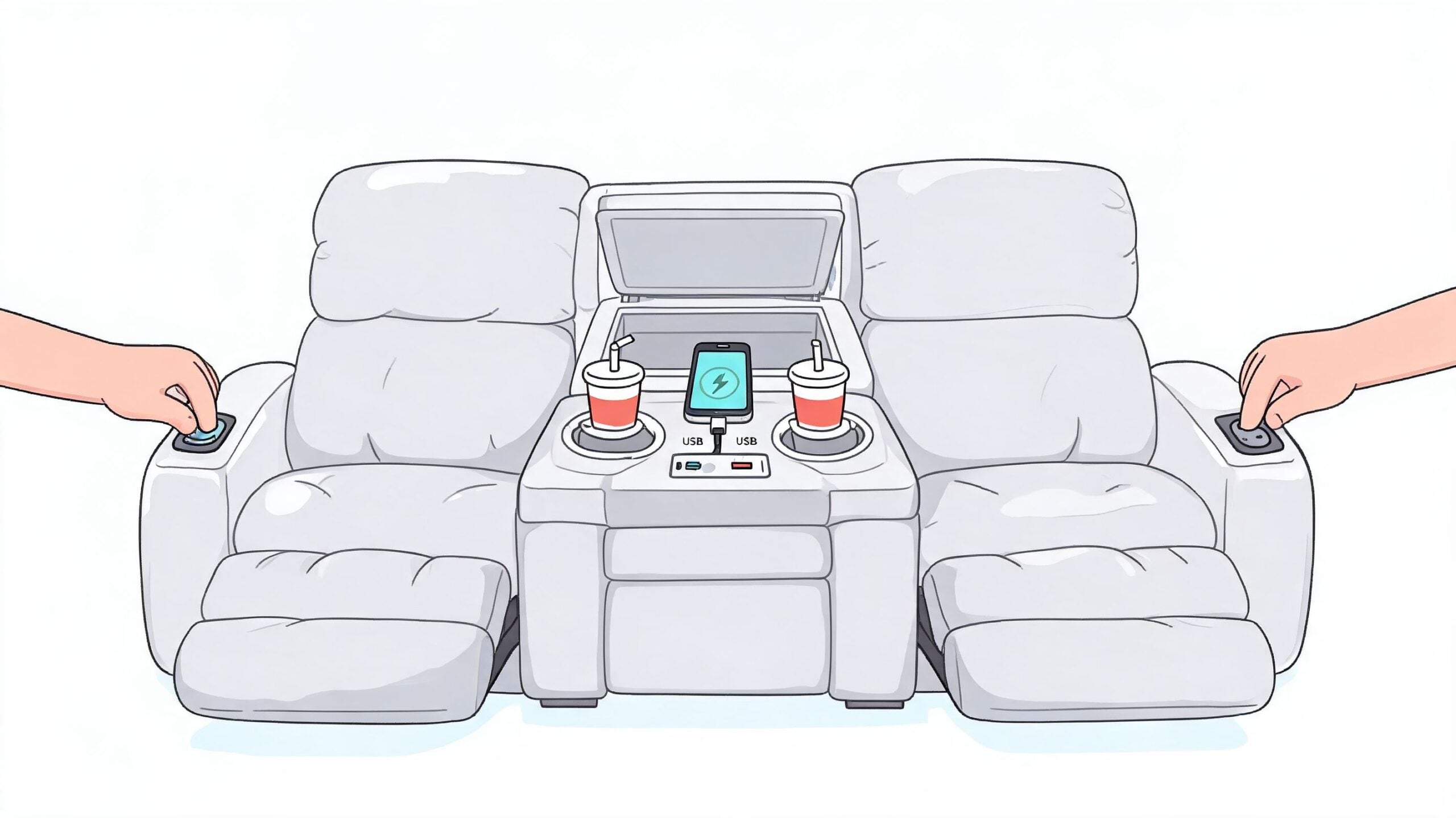 A dual-seat reclining console sofa with two people pressing buttons to operate the mechanism.