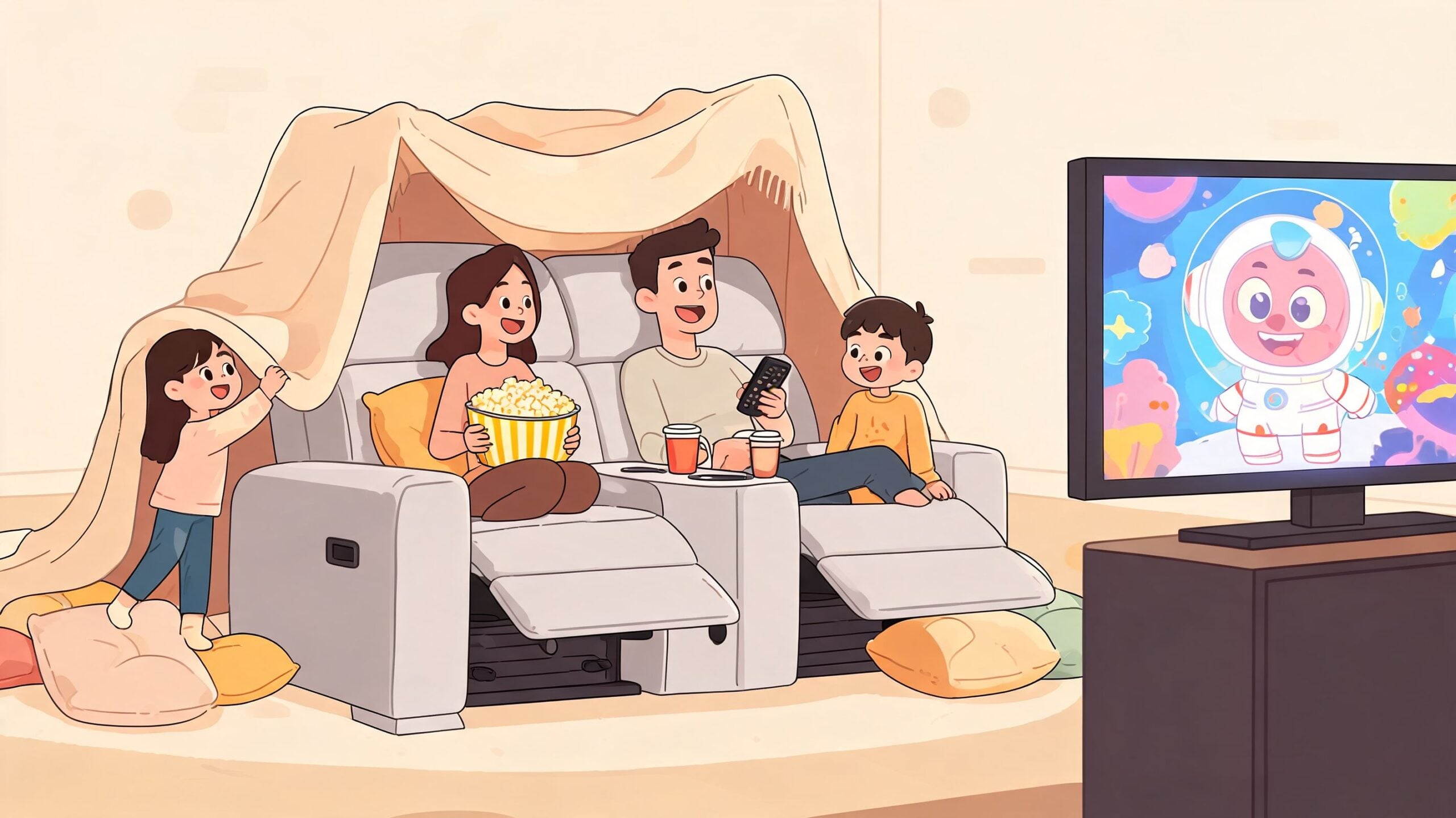A family enjoying a movie night on a comfortable reclining console sofa inside a cozy living room tent.