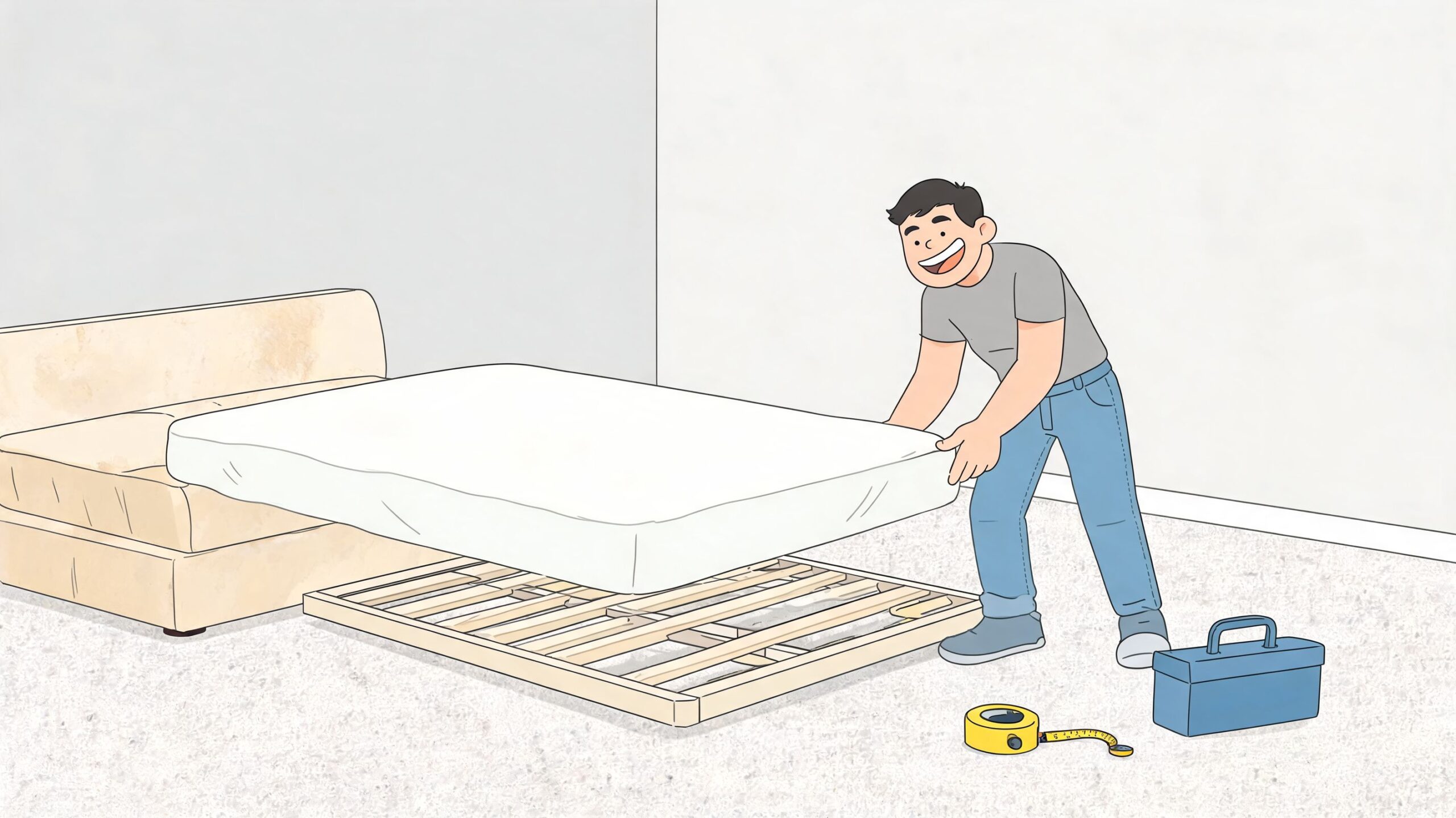 A man smiling while setting a white mattress onto a new wooden bed frame in a room.