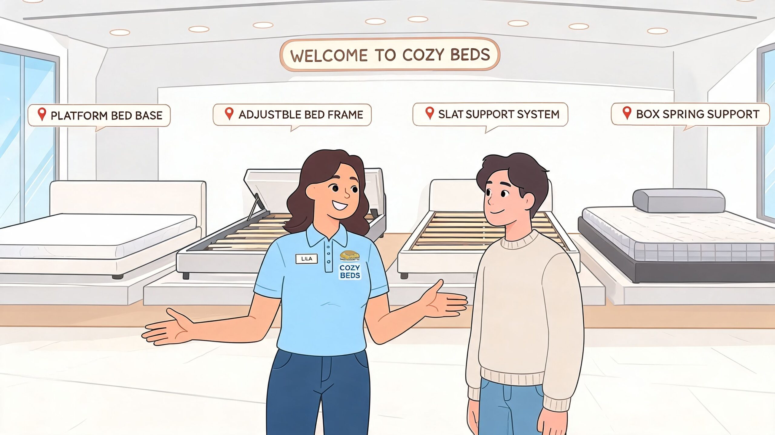 A friendly sales associate assisting a customer with choosing bed support systems at a furniture store.