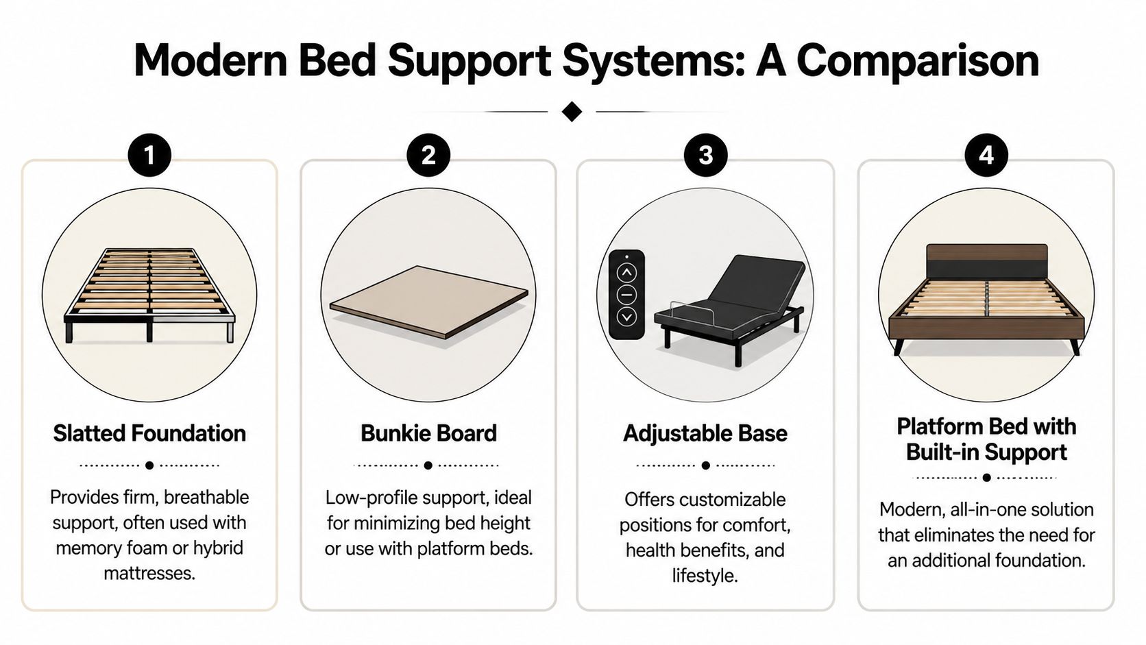A comparison chart showing four different modern bed support systems including slatted foundations and adjustable bases.