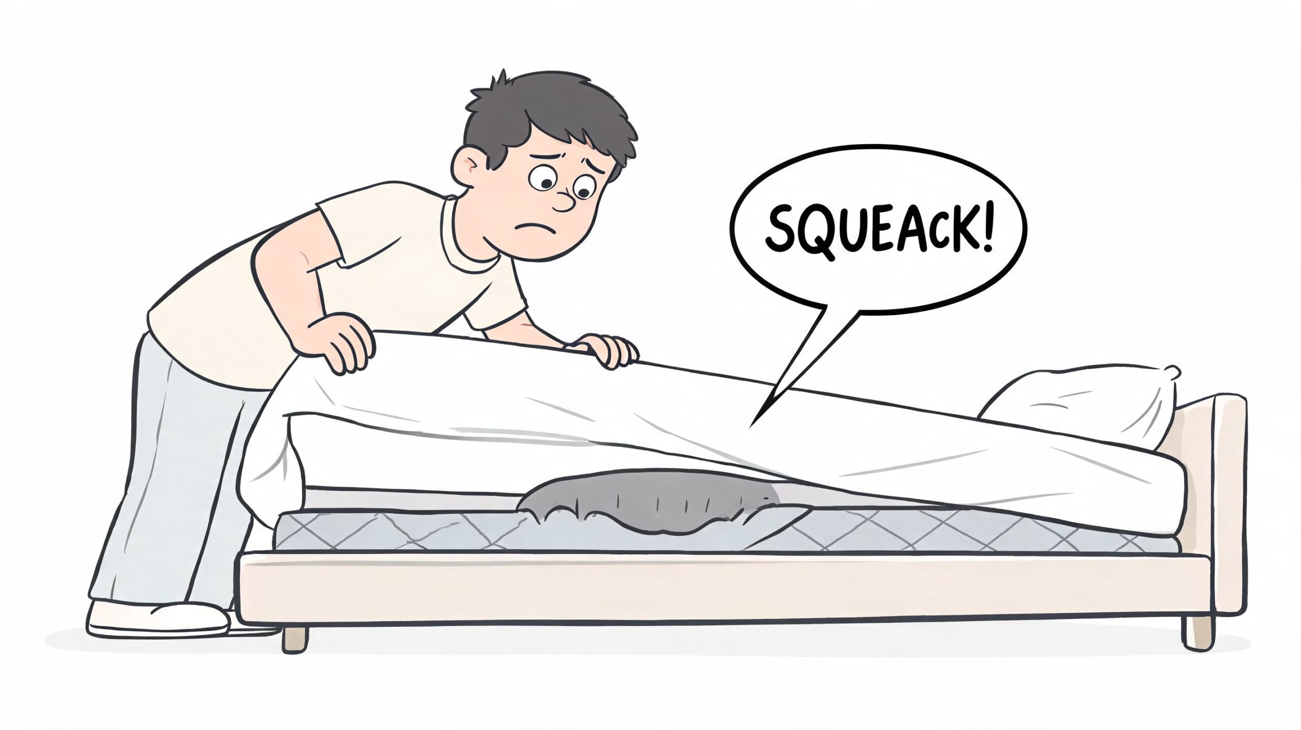 A worried man lifts his mattress to discover a squeaking, mysterious creature hidden underneath his bed.