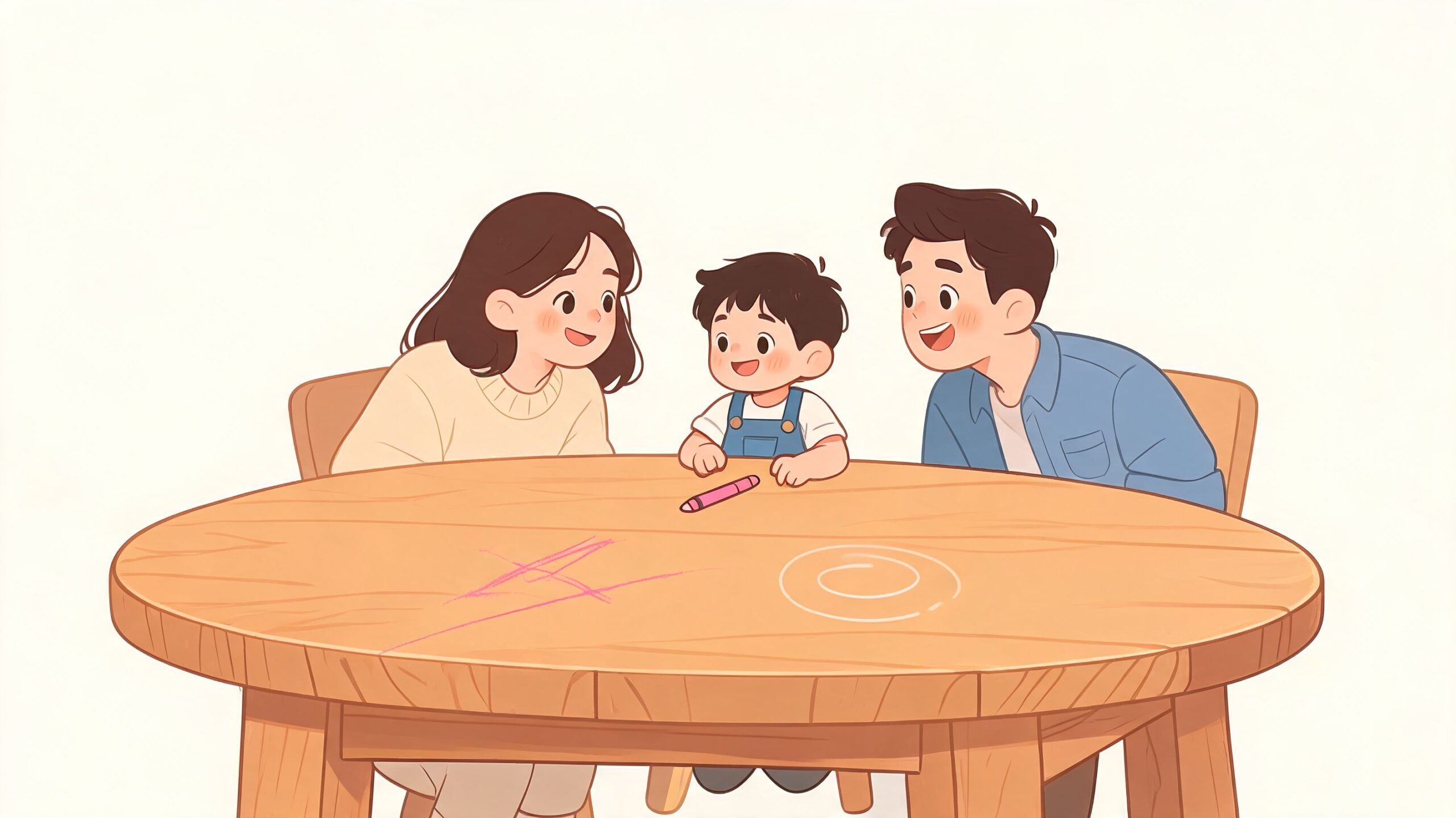 A happy young family with a small child drawing together on a light wooden dining table.