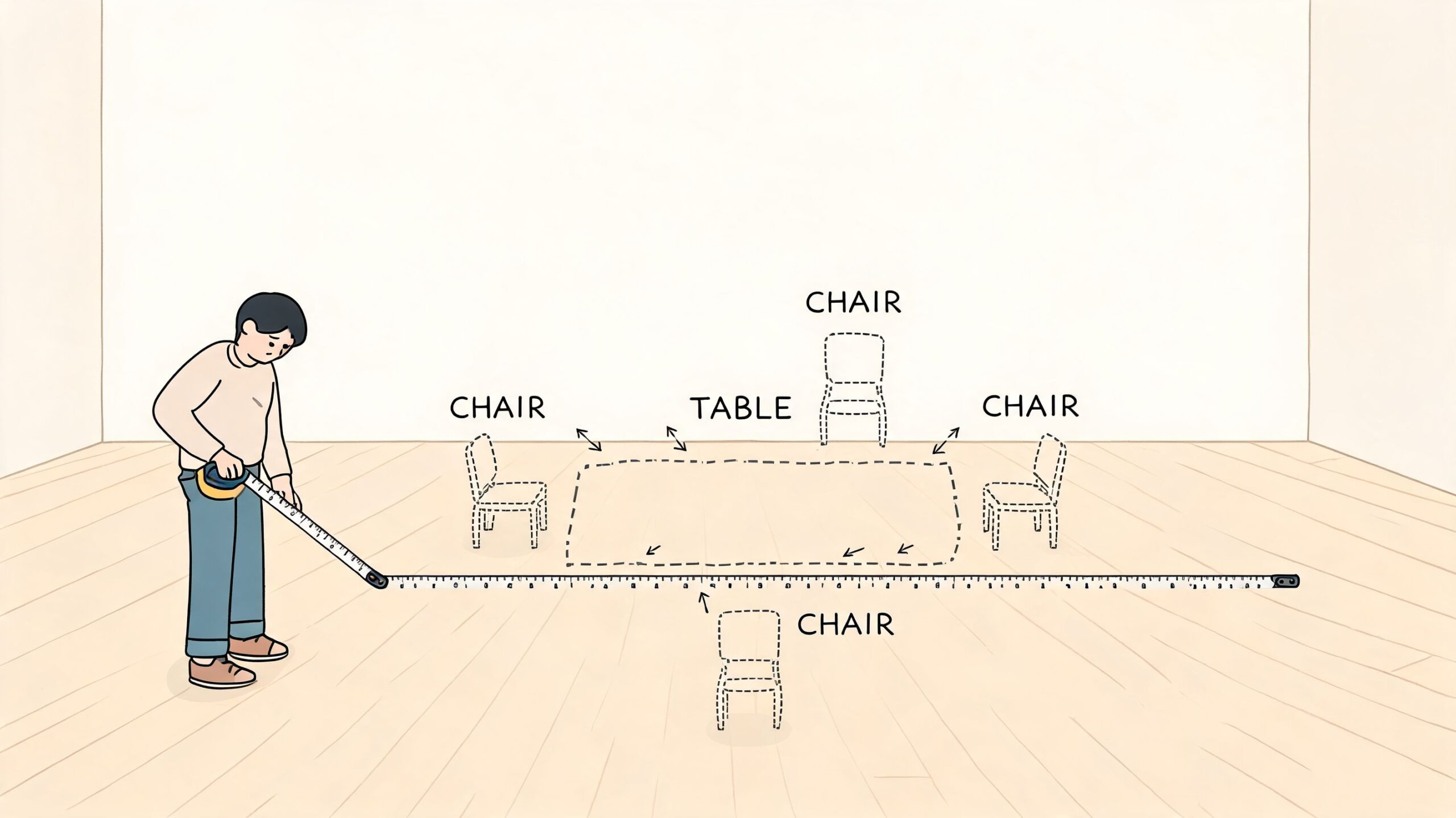 A person using a long tape measure to determine the floor space for a dining room table set.