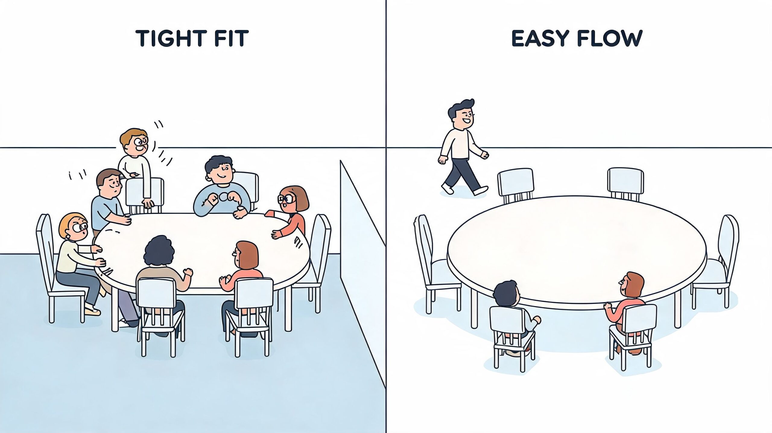 A comparison showing a crowded table versus a spacious round table for improved seating and workflow.