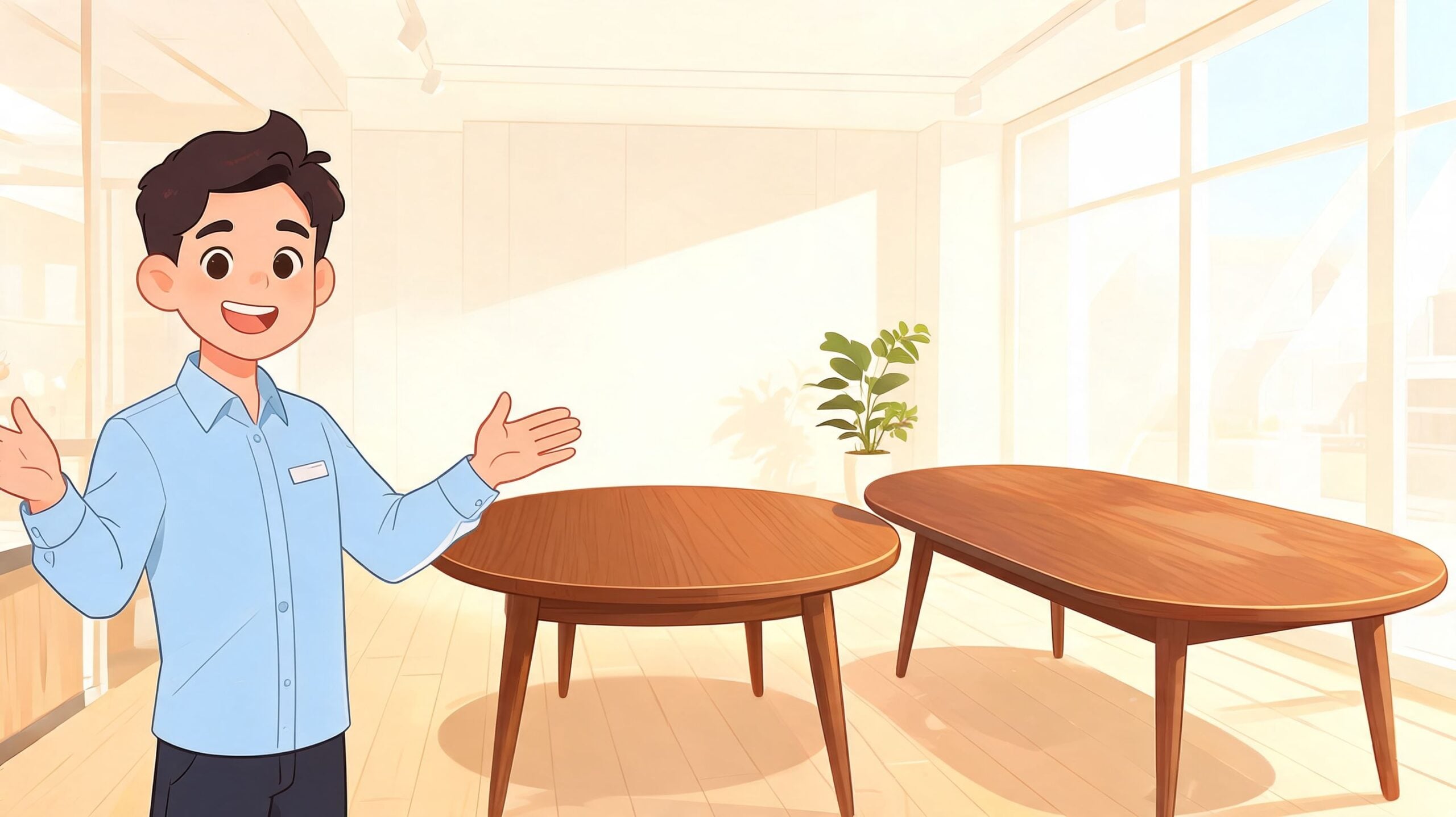 A friendly young man in a blue shirt gesturing towards a round and an oval dining table.