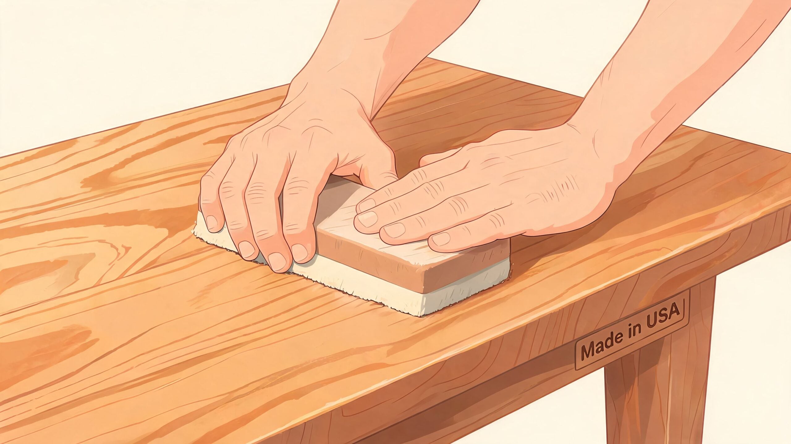 A close-up illustration of hands using a sanding block to smooth a wooden table surface.