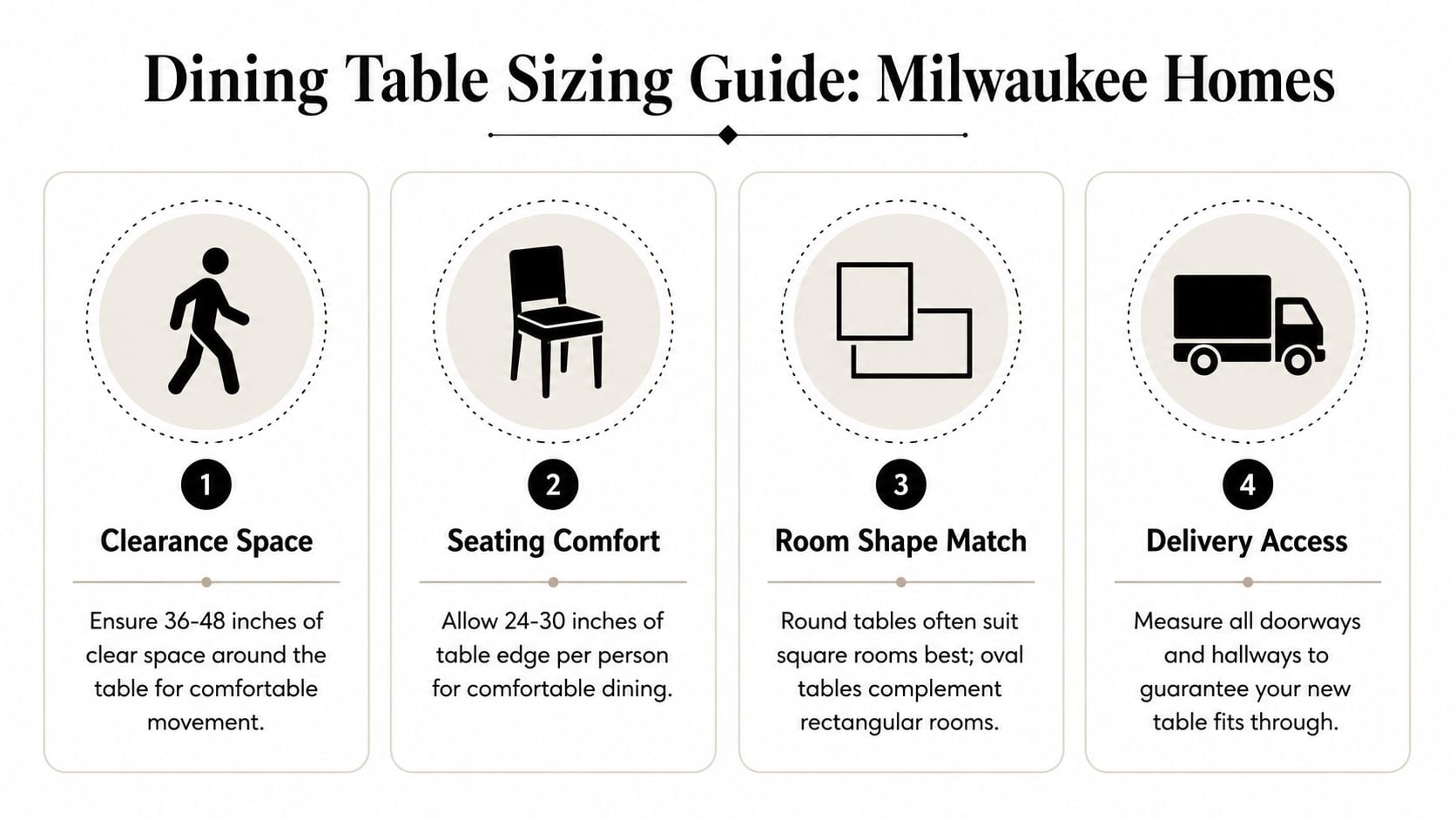 An infographic titled Dining Table Sizing Guide showing four essential tips for choosing home furniture.