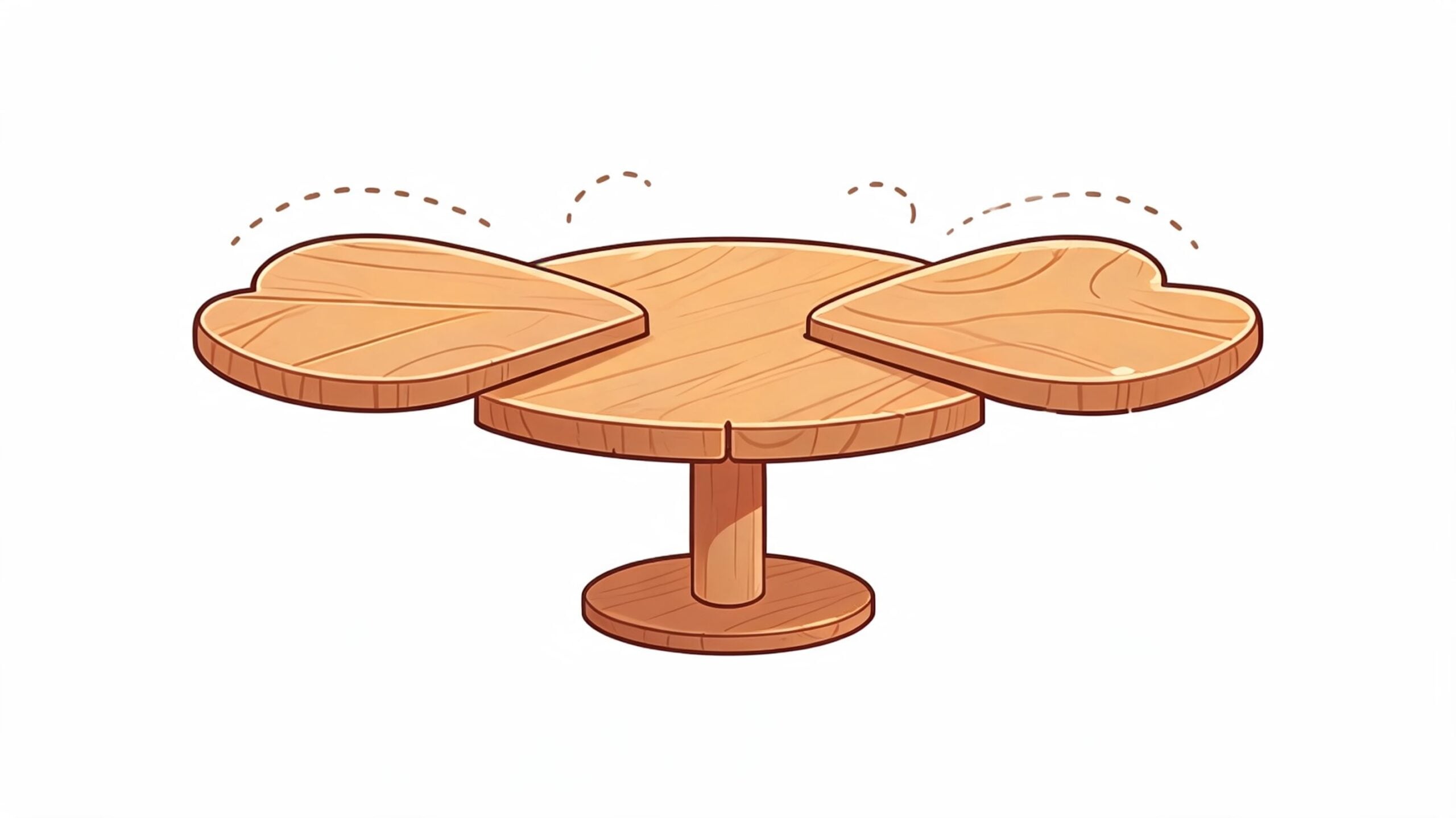 An illustration of a wooden table featuring a central round base with two heart-shaped expandable leaves attached.