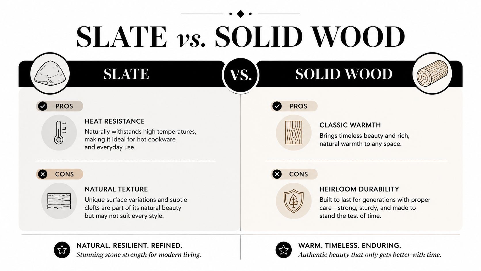A comparison infographic detailing the pros and cons of slate versus solid wood for home surfaces.