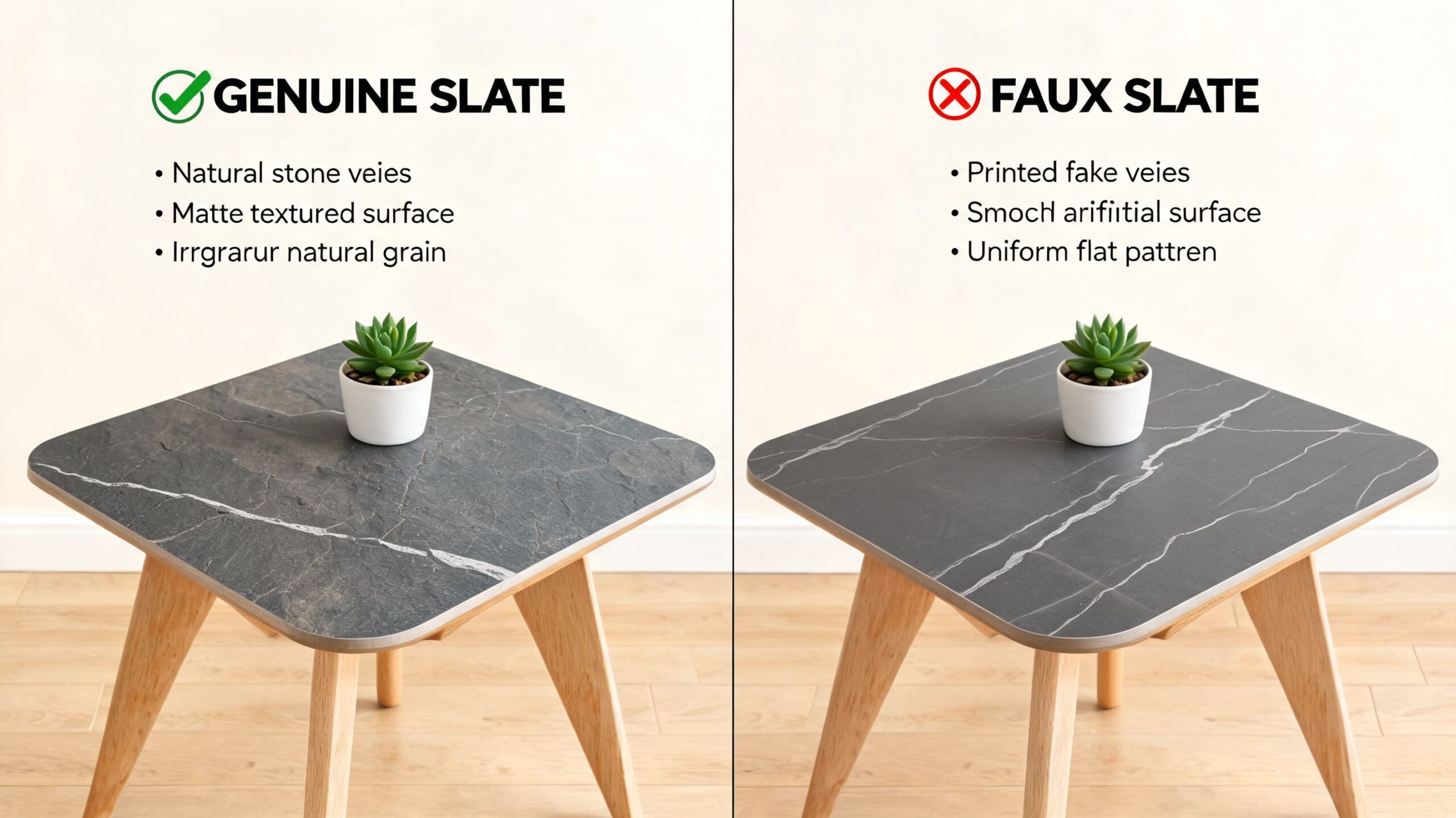 A comparative image showing a genuine slate cocktail table versus a faux slate table for home decor.
