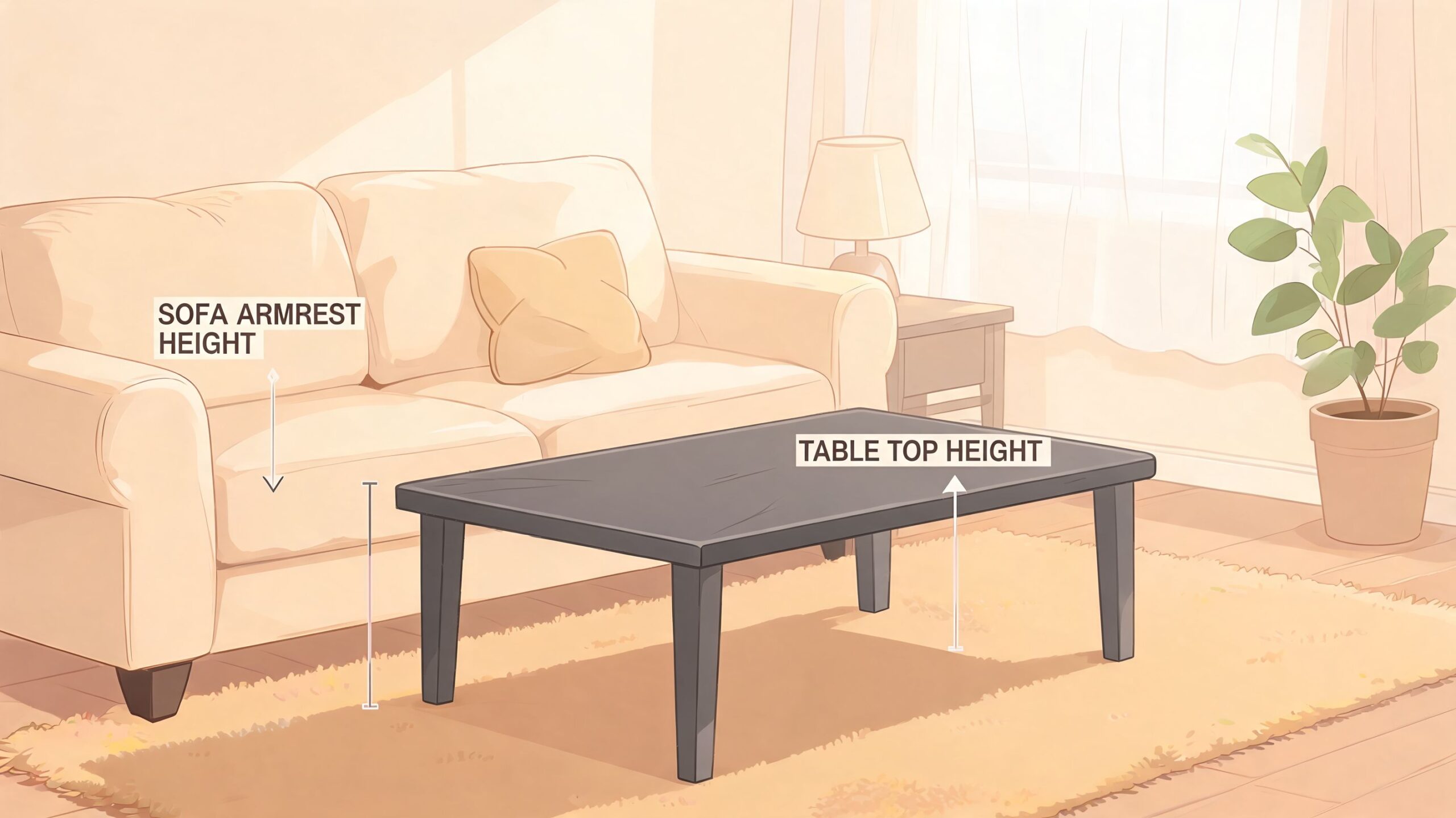 A diagram comparing the heights of a sofa armrest and a slate cocktail table in a living room.
